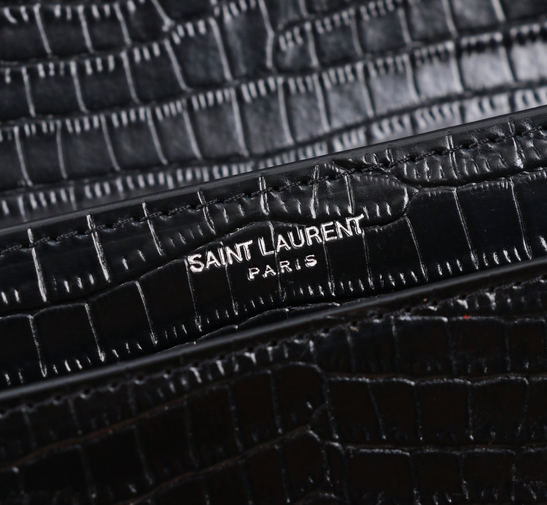 Saint Laurent Sunset Medium Shoulder Bag in Black Crocodile-Embossed Leather