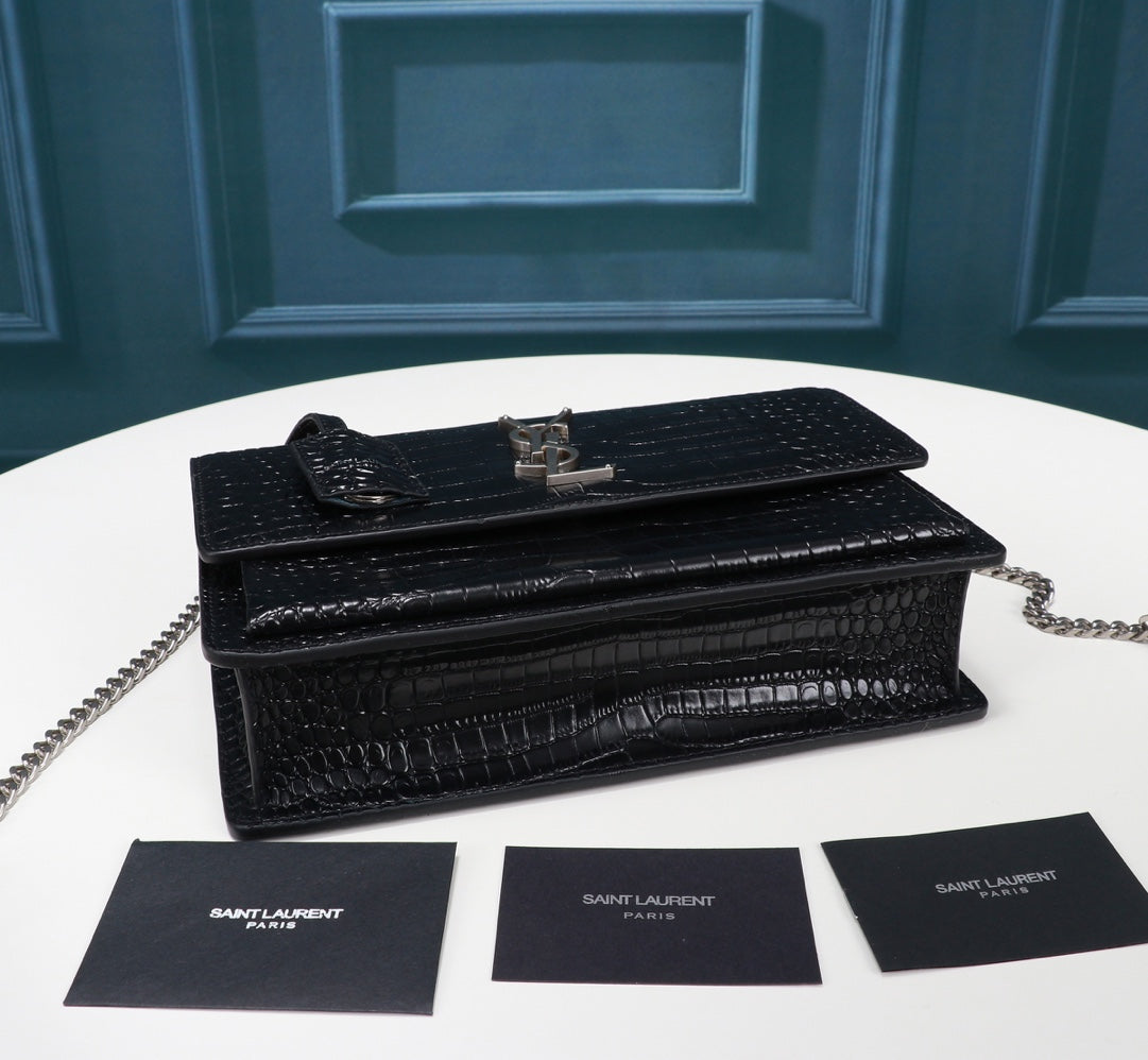Saint Laurent Sunset Medium Shoulder Bag in Black Crocodile-Embossed Leather