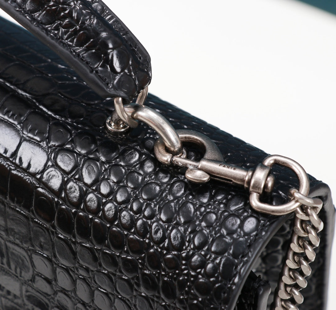 Saint Laurent Sunset Medium Shoulder Bag in Black Crocodile-Embossed Leather