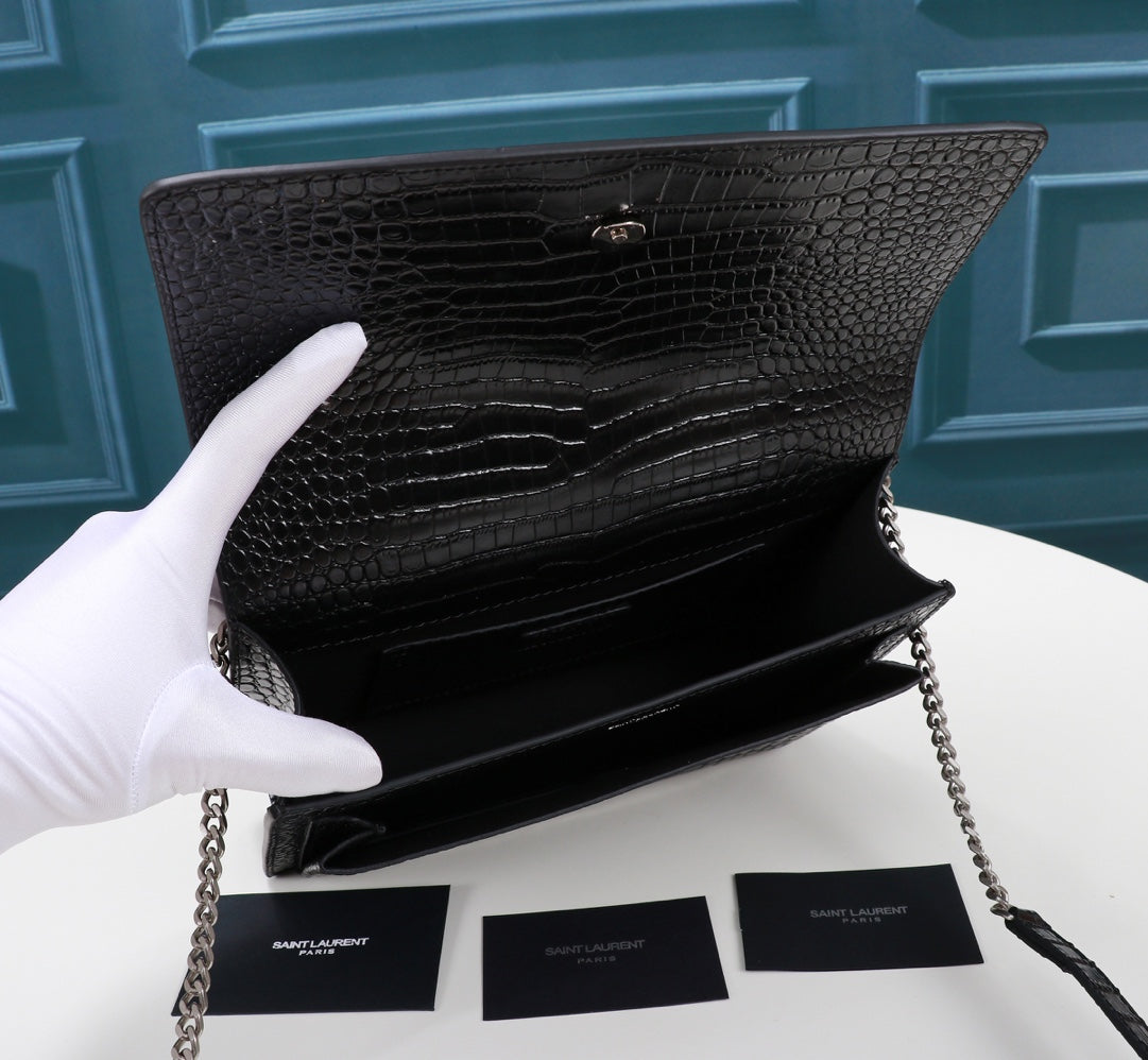 Saint Laurent Sunset Medium Shoulder Bag in Black Crocodile-Embossed Leather