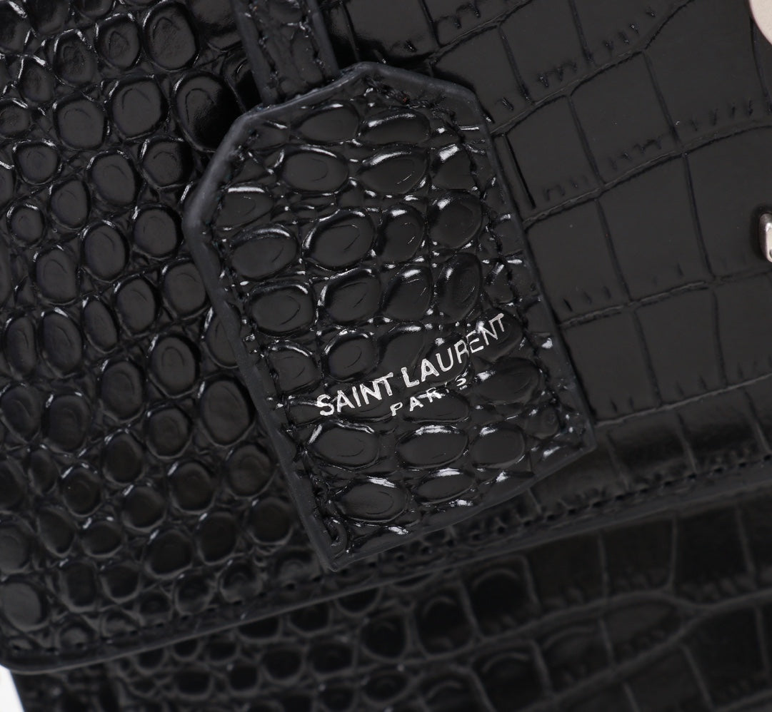 Saint Laurent Sunset Medium Shoulder Bag in Black Crocodile-Embossed Leather