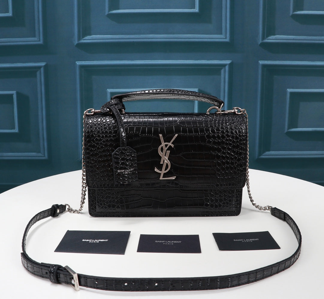 Saint Laurent Sunset Medium Shoulder Bag in Black Crocodile-Embossed Leather