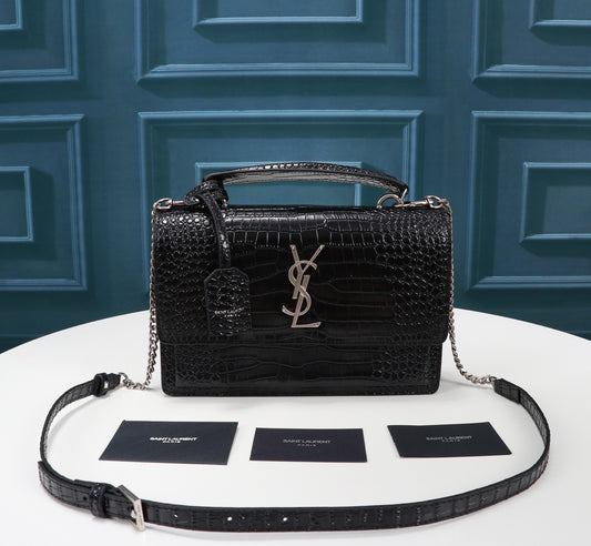 Saint Laurent Sunset Medium Shoulder Bag in Black Crocodile-Embossed Leather