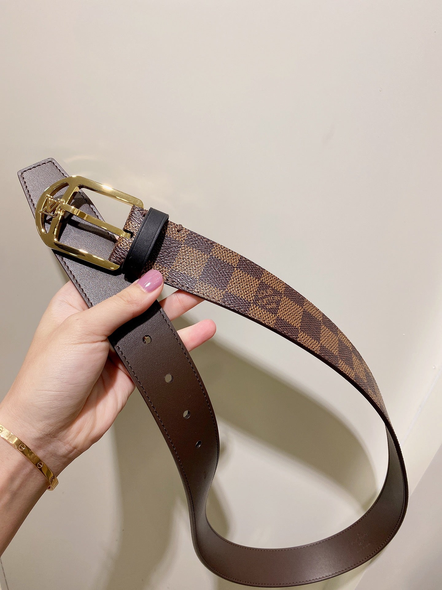 Louis Vuitton Damier Ebene Pattern Belt with Gold-Tone Buckle, Brown Checkered Canvas Waist Belt