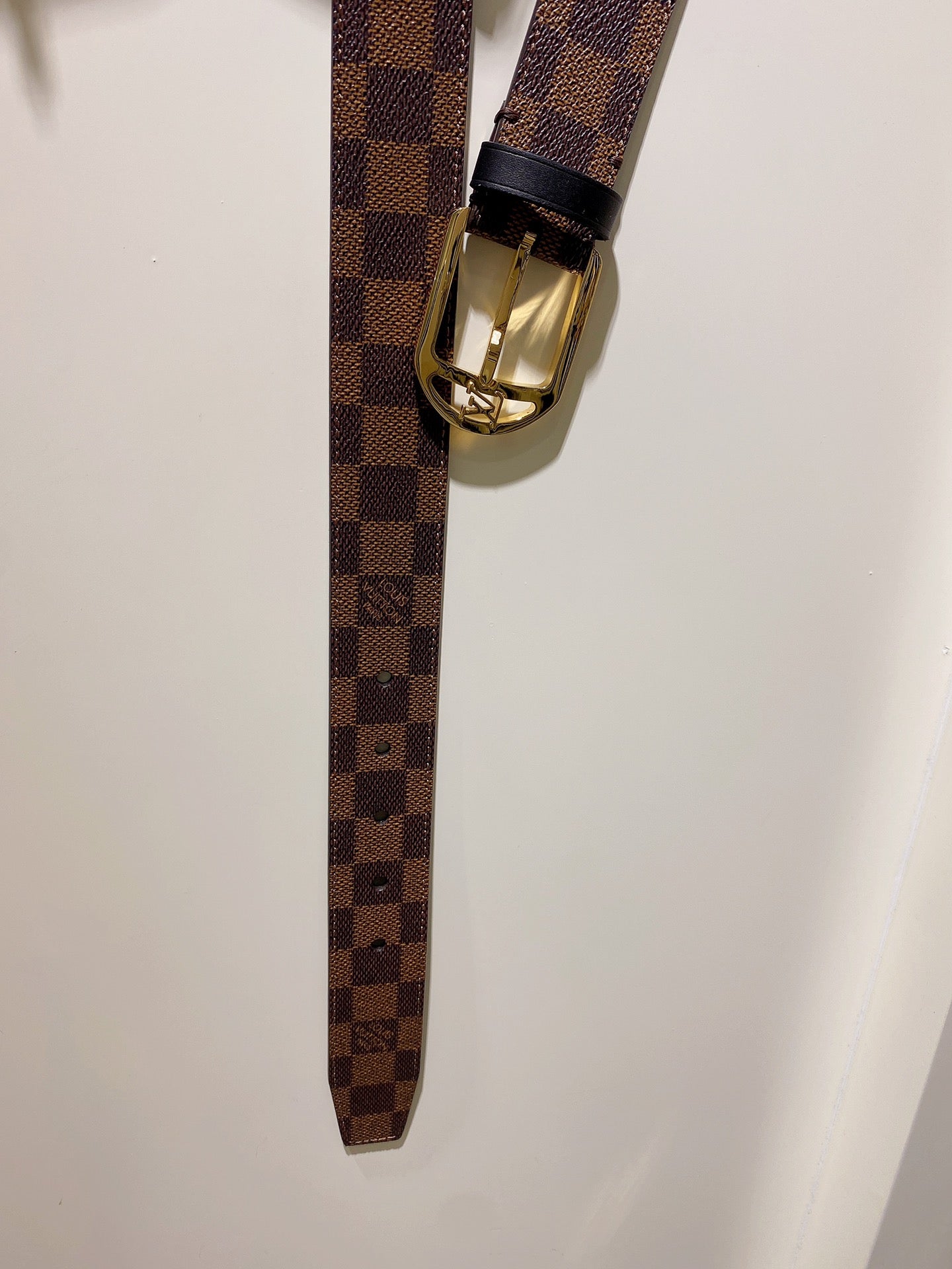 Louis Vuitton Damier Ebene Pattern Belt with Gold-Tone Buckle, Brown Checkered Canvas Waist Belt