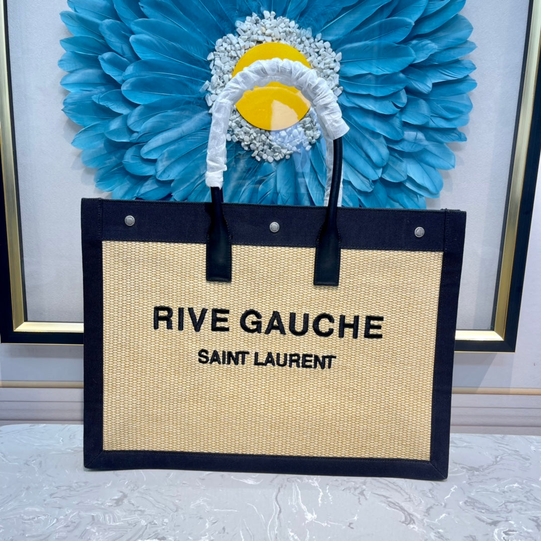 Saint Laurent Rive Gauche Canvas Tote Bag - Beige and Black