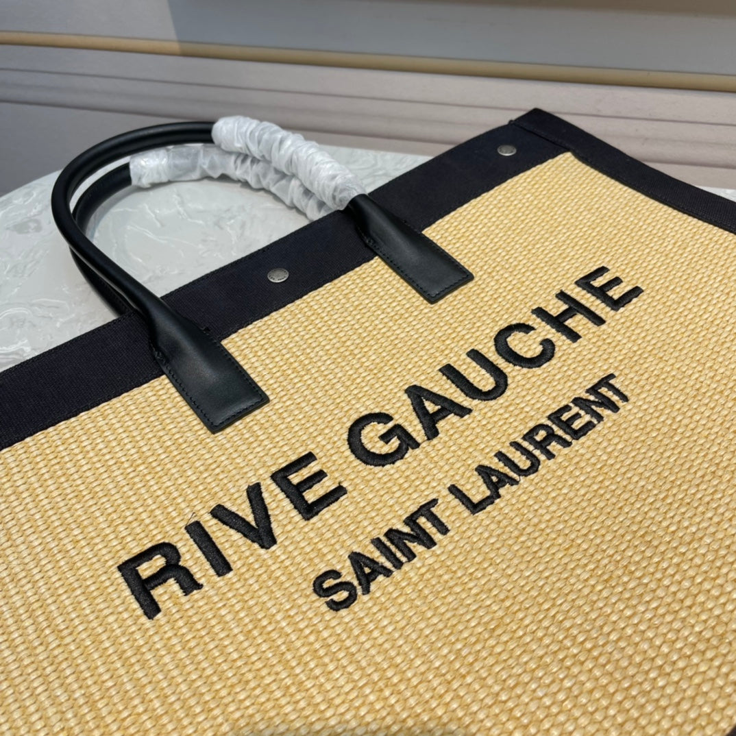 Saint Laurent Rive Gauche Canvas Tote Bag - Beige and Black