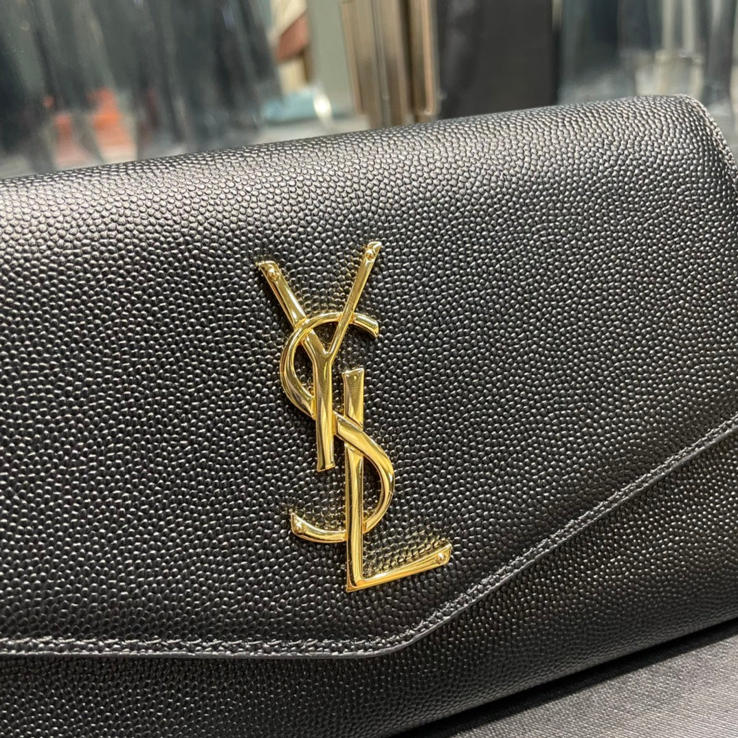 Saint Laurent Uptown Chain Wallet in Grain de Poudre Embossed Leather - Black/Gold