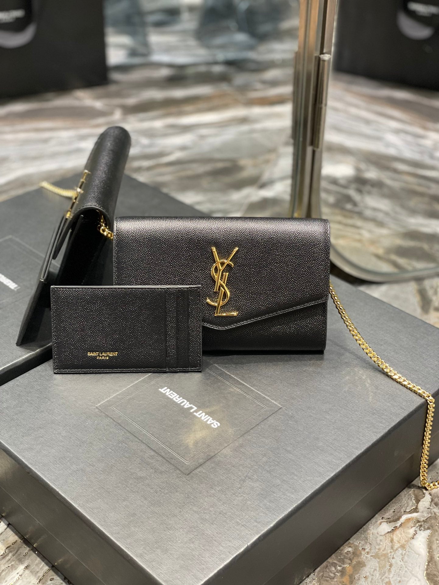 Saint Laurent Uptown Chain Wallet in Grain de Poudre Embossed Leather - Black/Gold