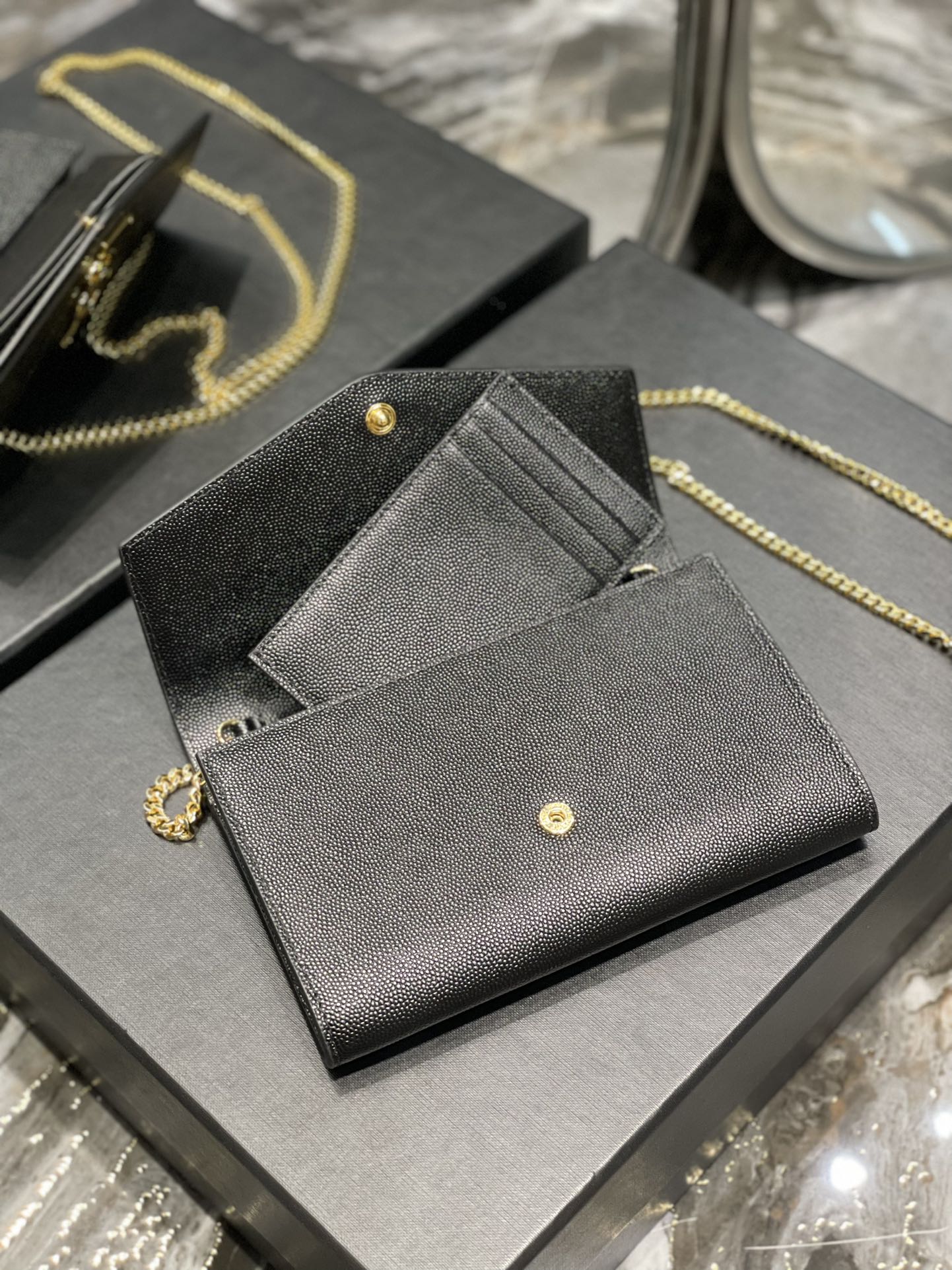Saint Laurent Uptown Chain Wallet in Grain de Poudre Embossed Leather - Black/Gold