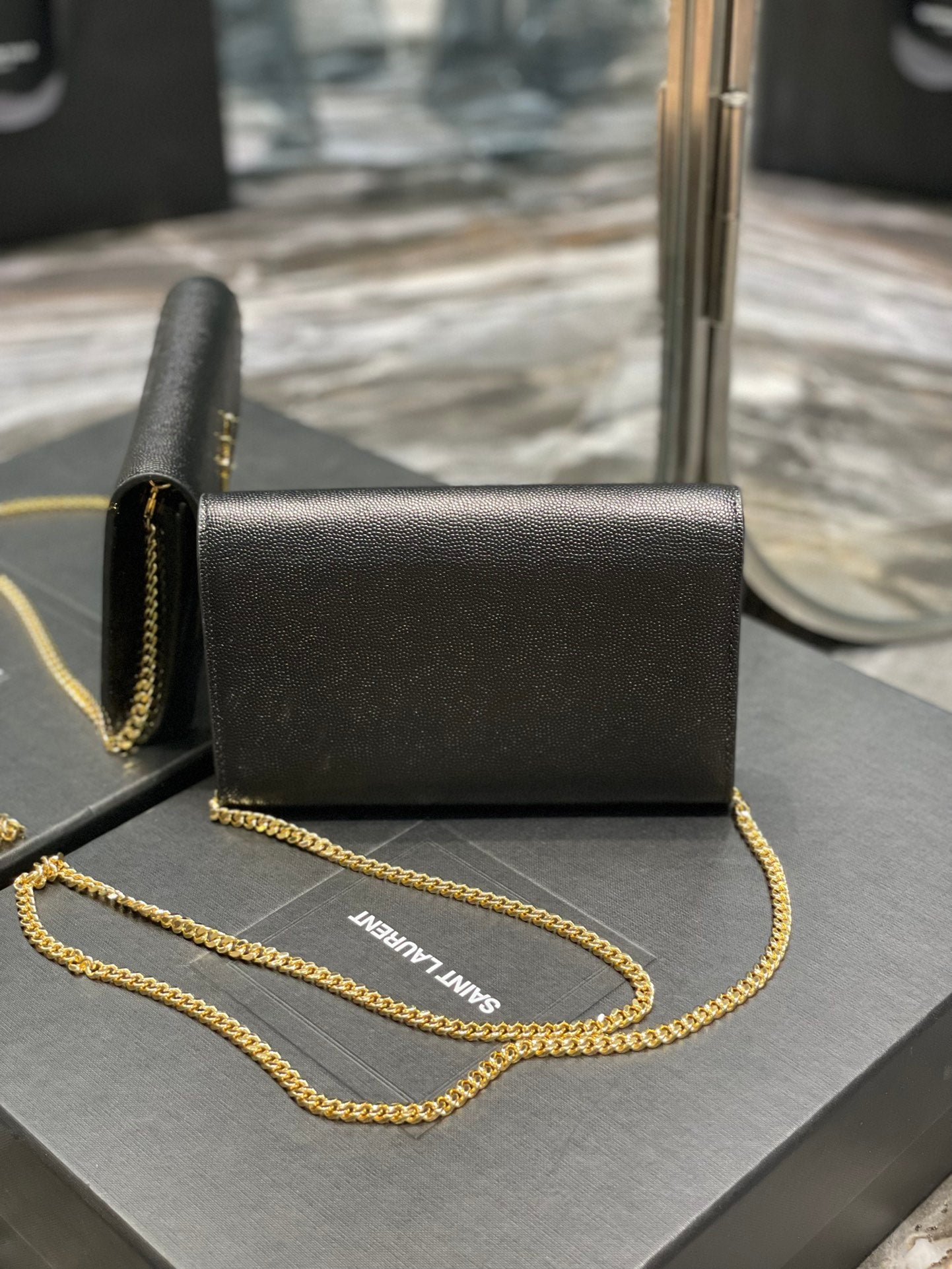 Saint Laurent Uptown Chain Wallet in Grain de Poudre Embossed Leather - Black/Gold