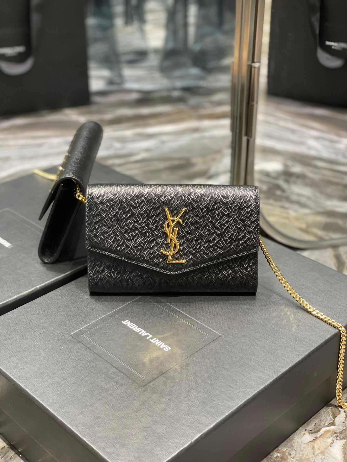 Saint Laurent Uptown Chain Wallet in Grain de Poudre Embossed Leather - Black/Gold