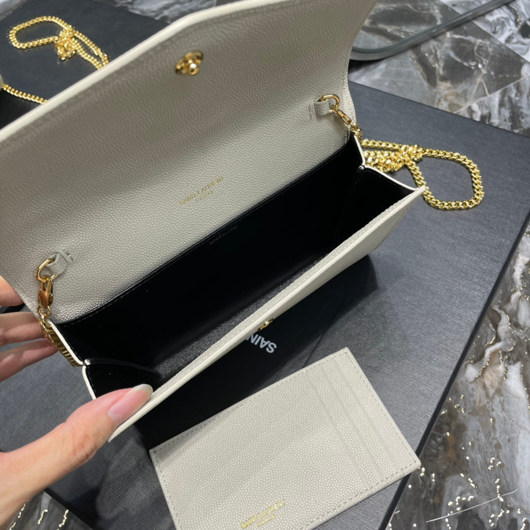 Saint Laurent Cassandre Envelope Chain Wallet in White Grained Leather with Gold Hardware