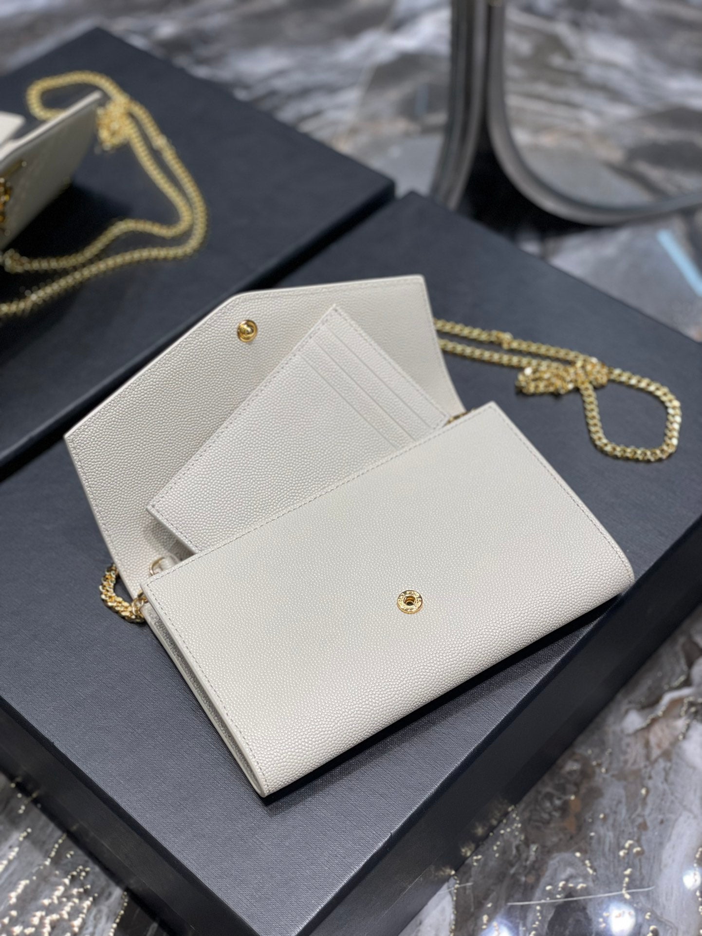 Saint Laurent Cassandre Envelope Chain Wallet in White Grained Leather with Gold Hardware