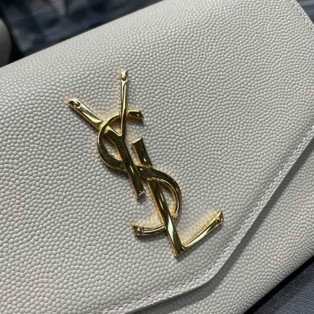 Saint Laurent Cassandre Envelope Chain Wallet in White Grained Leather with Gold Hardware