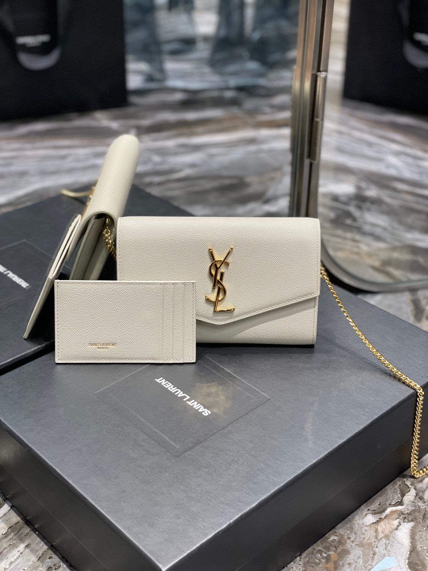 Saint Laurent Cassandre Envelope Chain Wallet in White Grained Leather with Gold Hardware