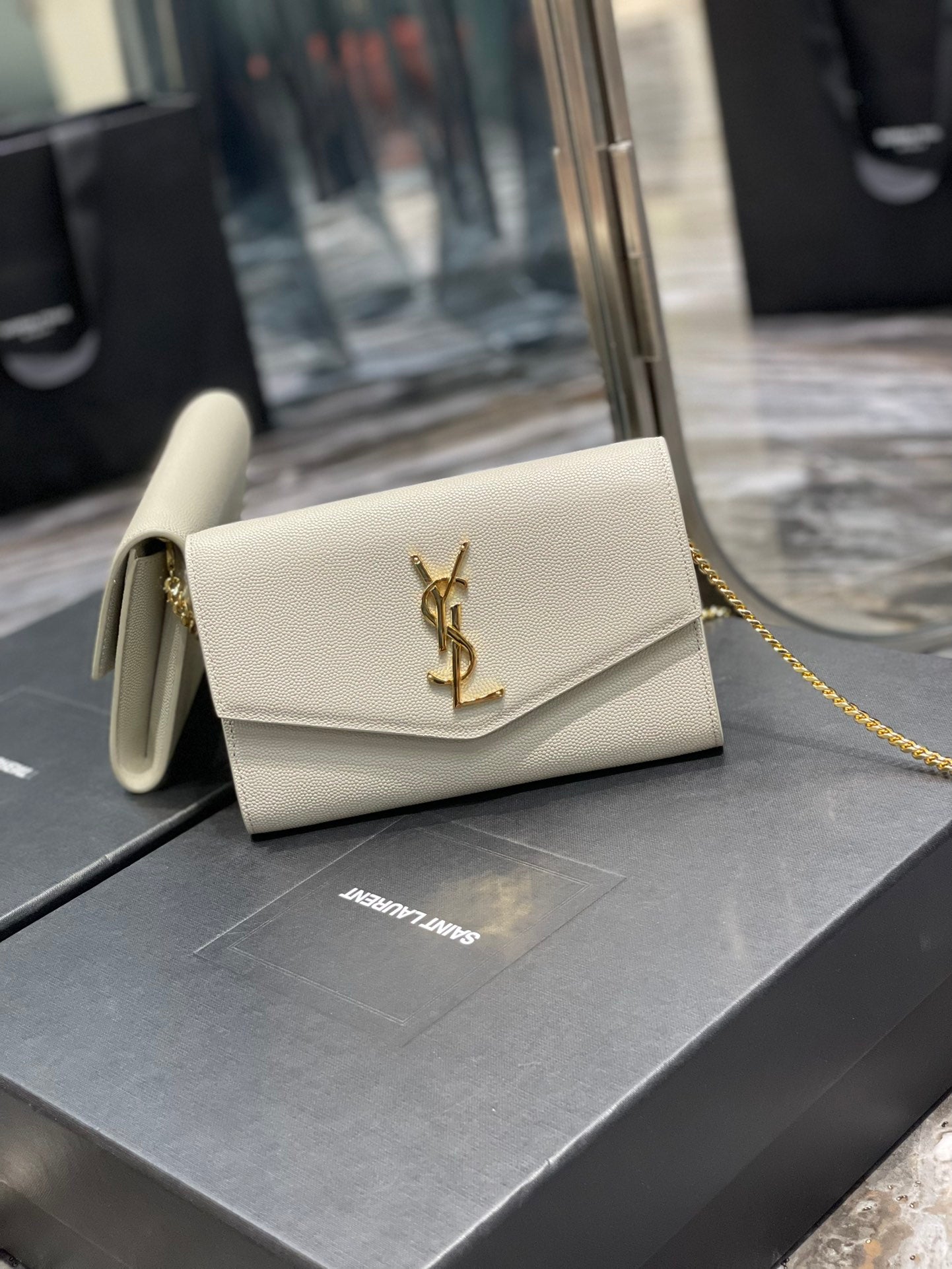 Saint Laurent Cassandre Envelope Chain Wallet in White Grained Leather with Gold Hardware