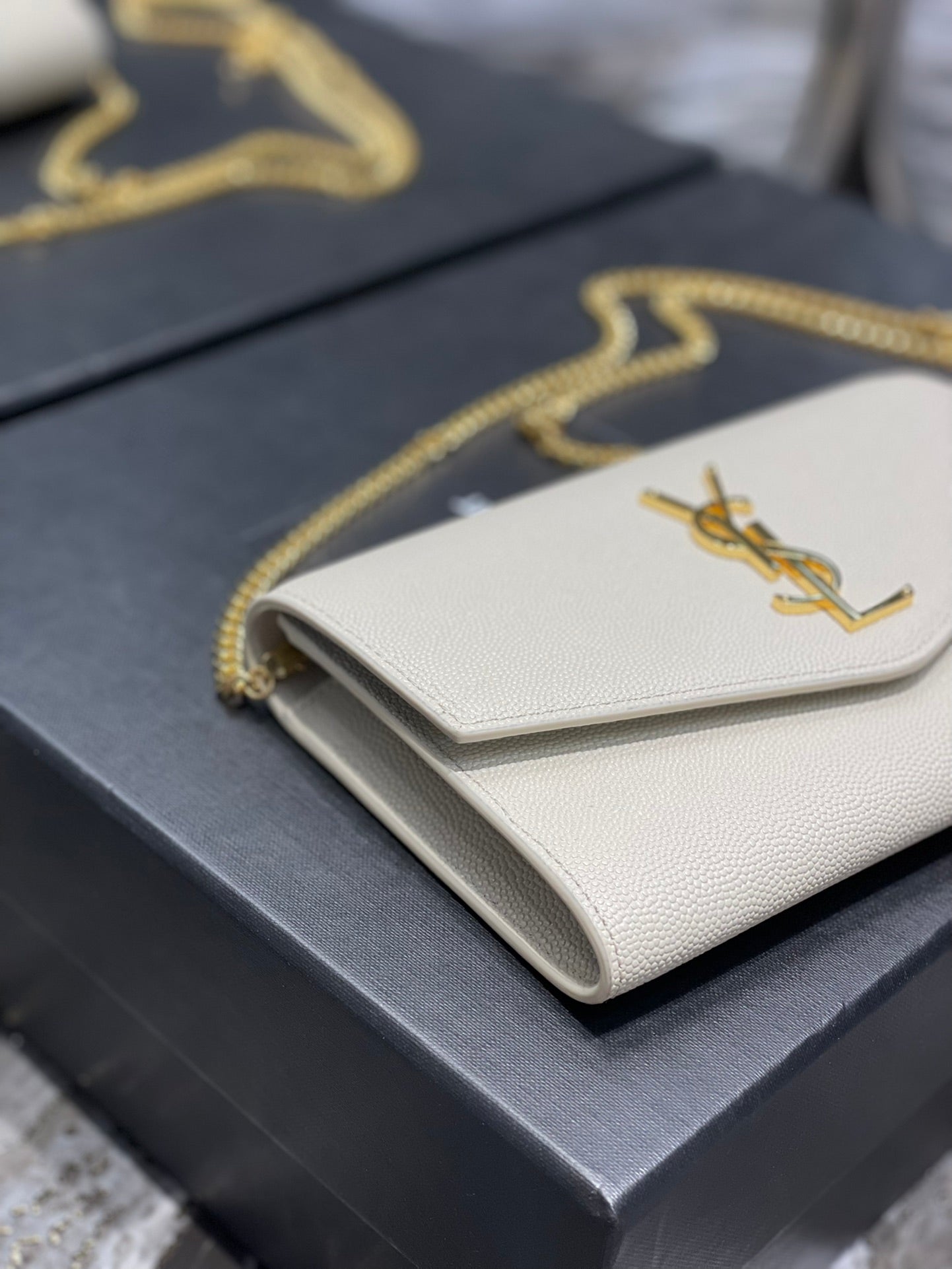 Saint Laurent Cassandre Envelope Chain Wallet in White Grained Leather with Gold Hardware