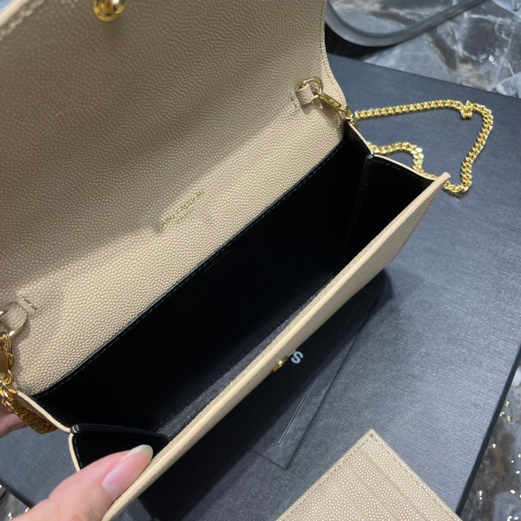 Saint Laurent Monogram Wallet on Chain and Card Holder - Beige Leather