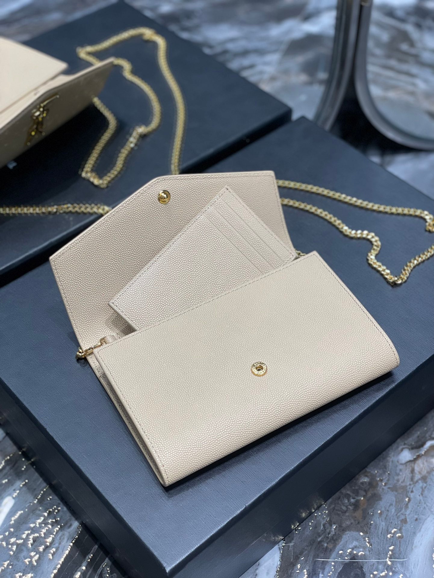 Saint Laurent Monogram Wallet on Chain and Card Holder - Beige Leather