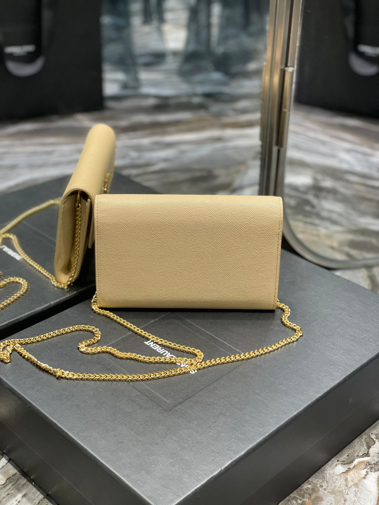 Saint Laurent Monogram Wallet on Chain and Card Holder - Beige Leather