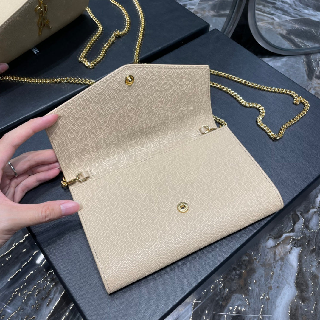 Saint Laurent Monogram Wallet on Chain and Card Holder - Beige Leather