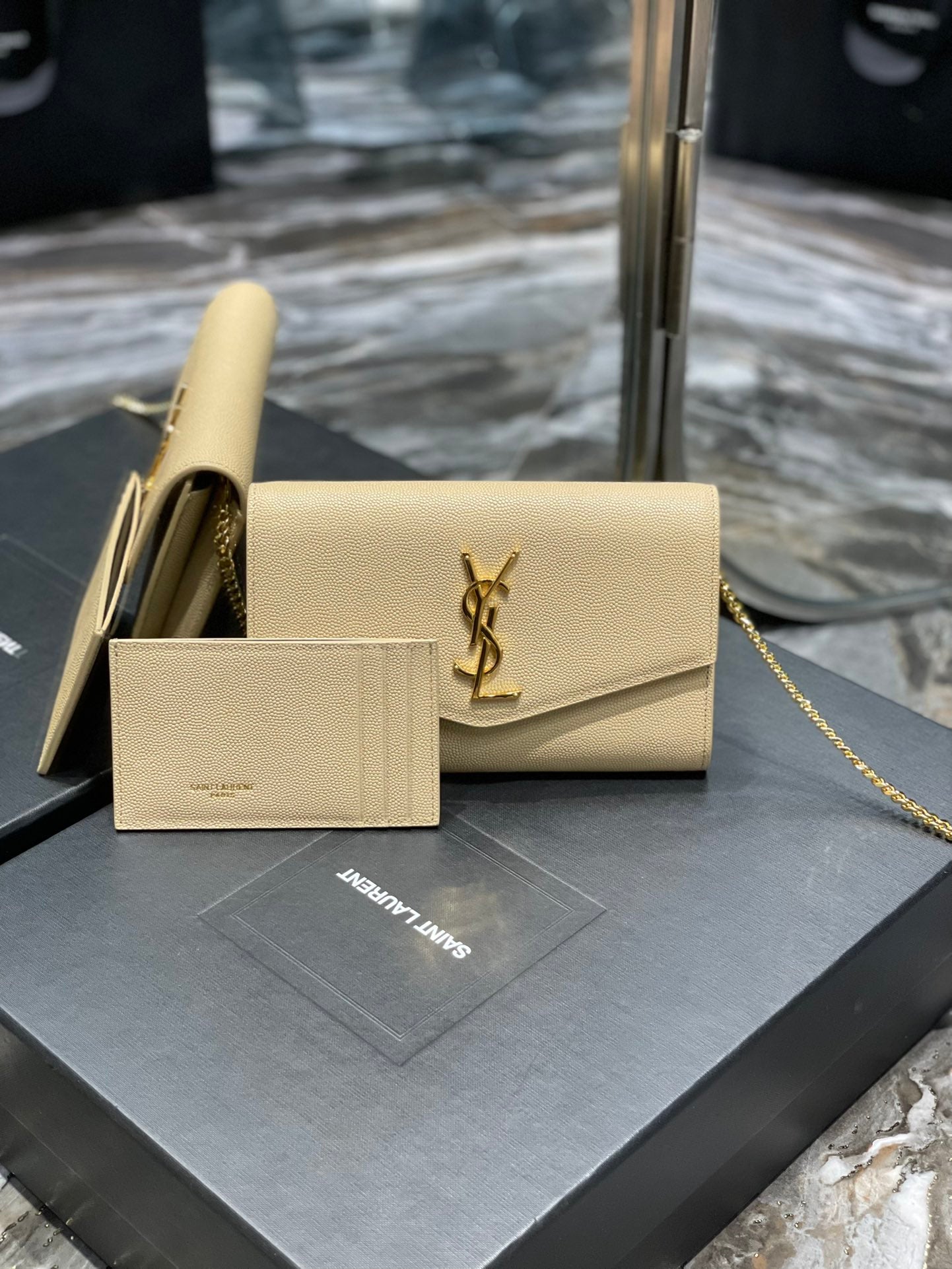 Saint Laurent Monogram Wallet on Chain and Card Holder - Beige Leather