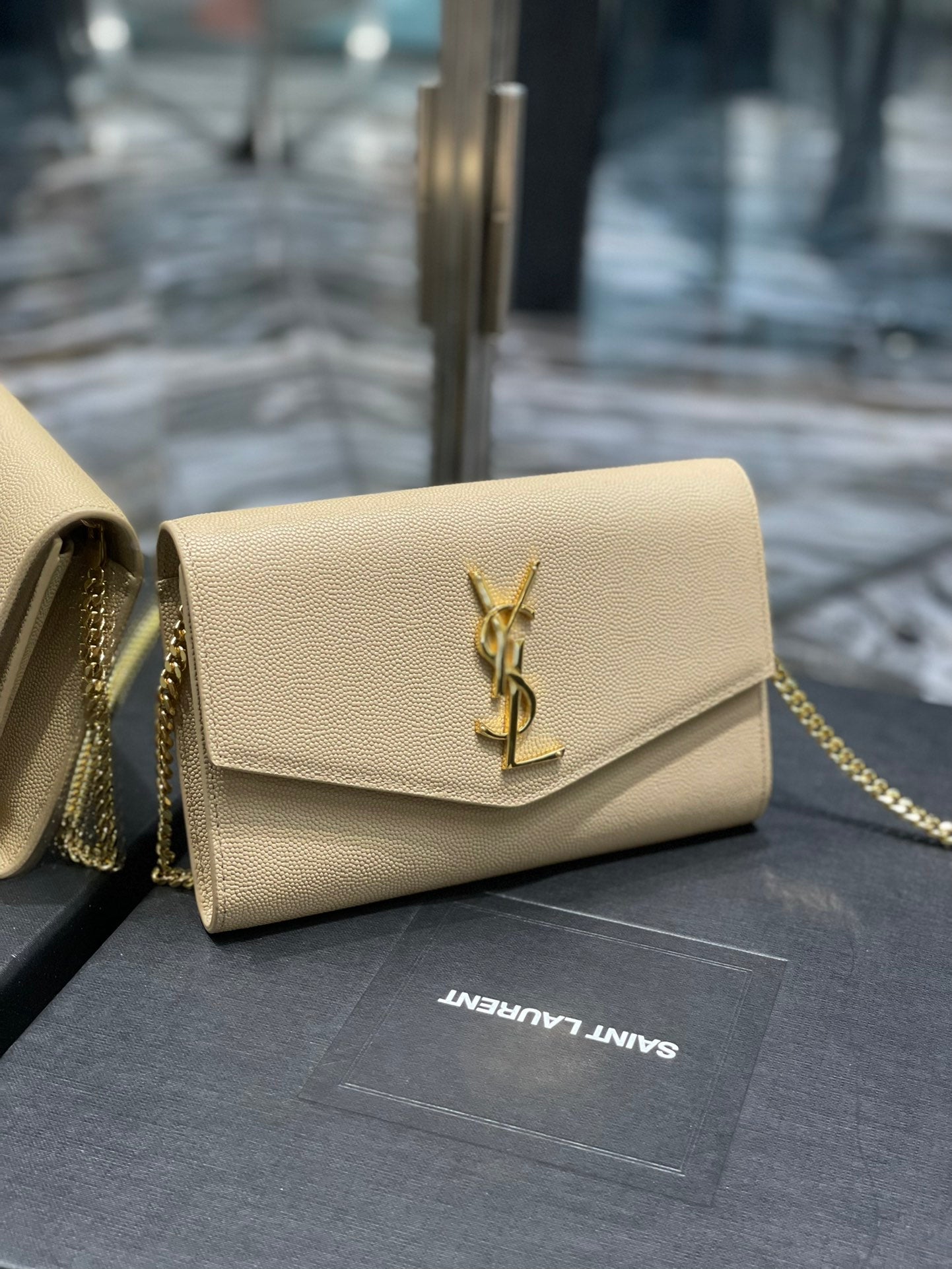 Saint Laurent Monogram Wallet on Chain and Card Holder - Beige Leather