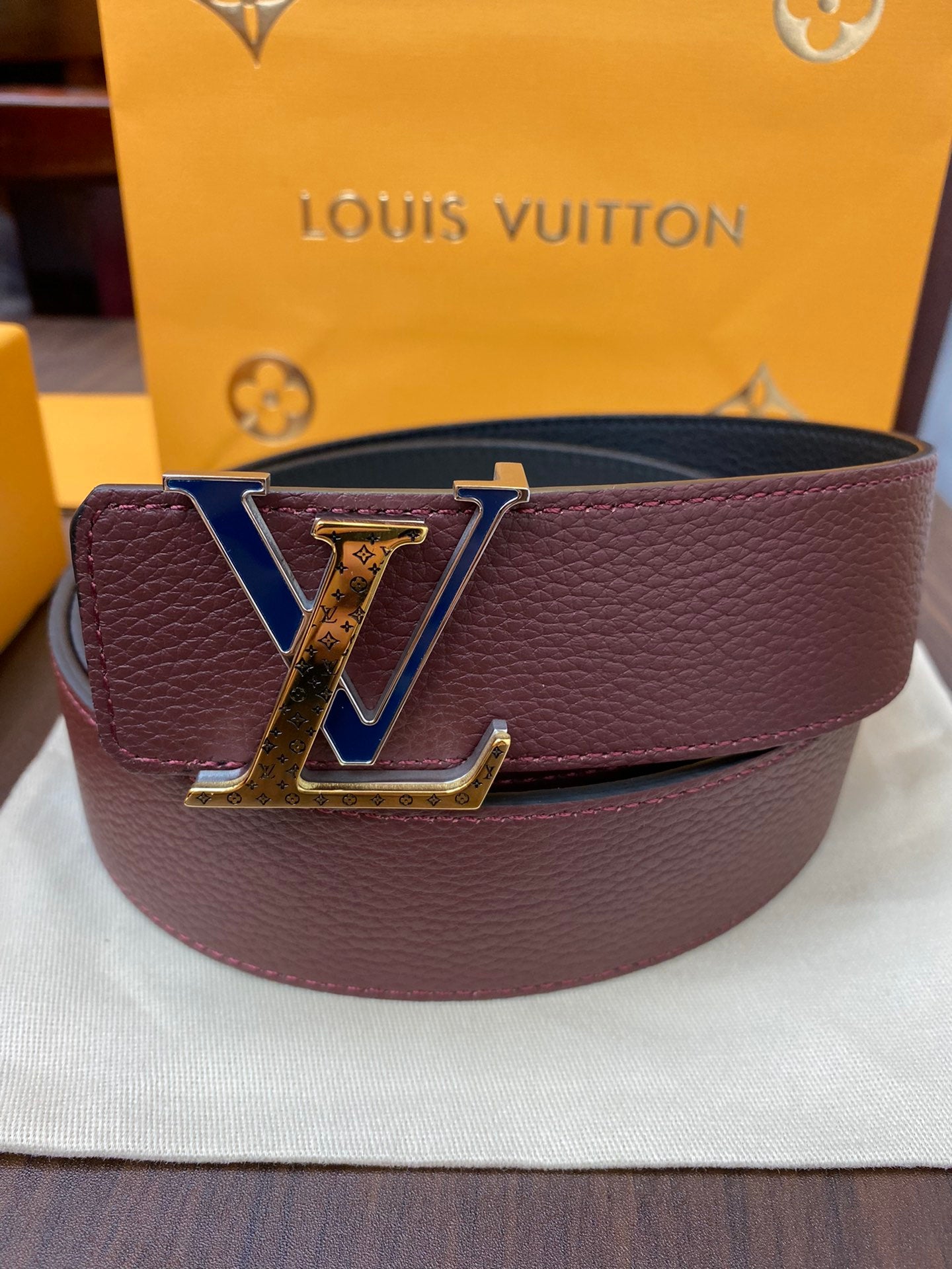 Louis Vuitton LV Initiales Reversible Belt Burgundy and Navy Taurillon Leather