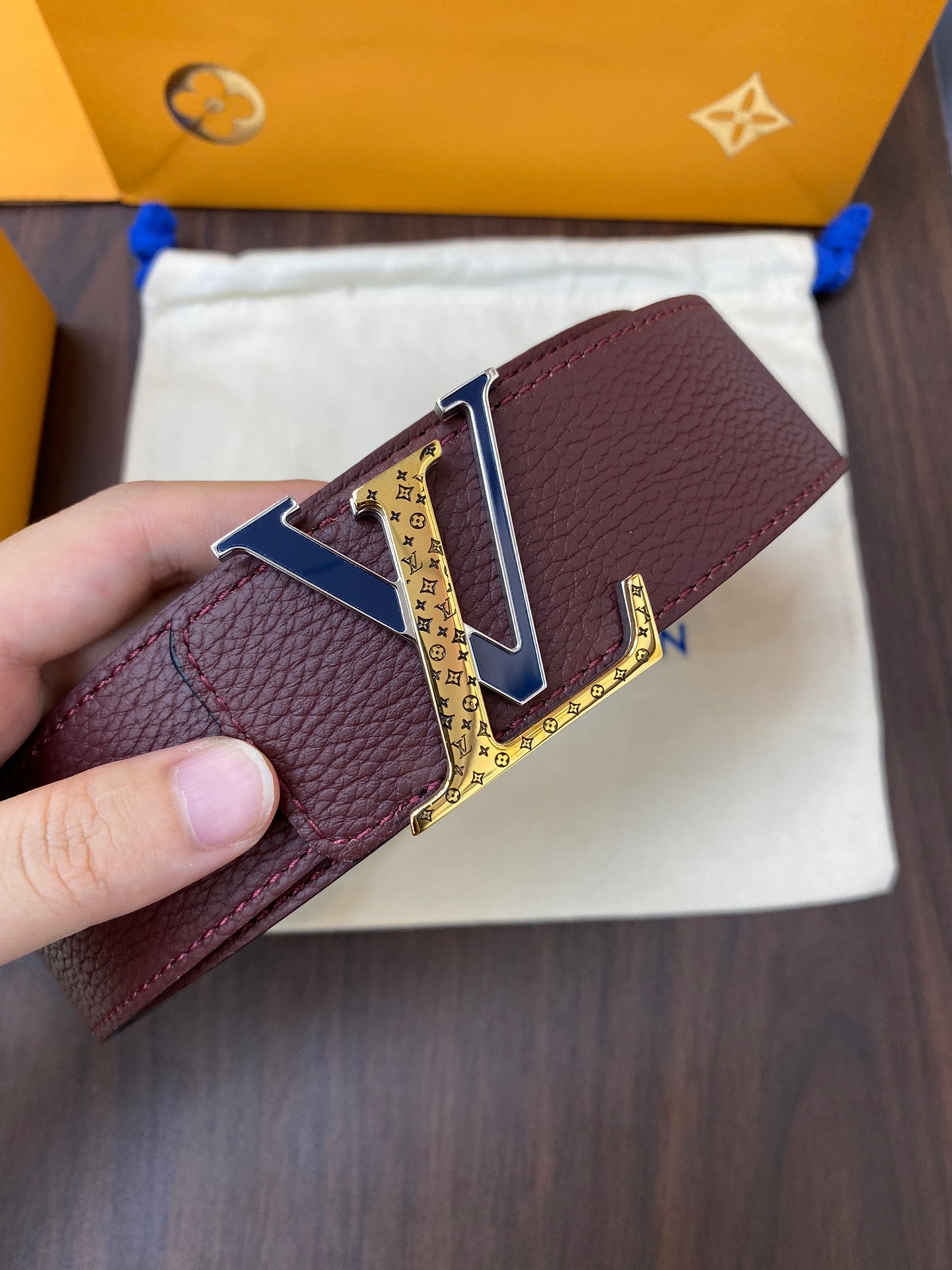 Louis Vuitton LV Initiales Reversible Belt Burgundy and Navy Taurillon Leather