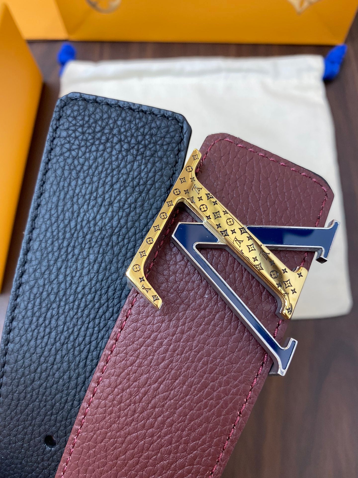Louis Vuitton LV Initiales Reversible Belt Burgundy and Navy Taurillon Leather