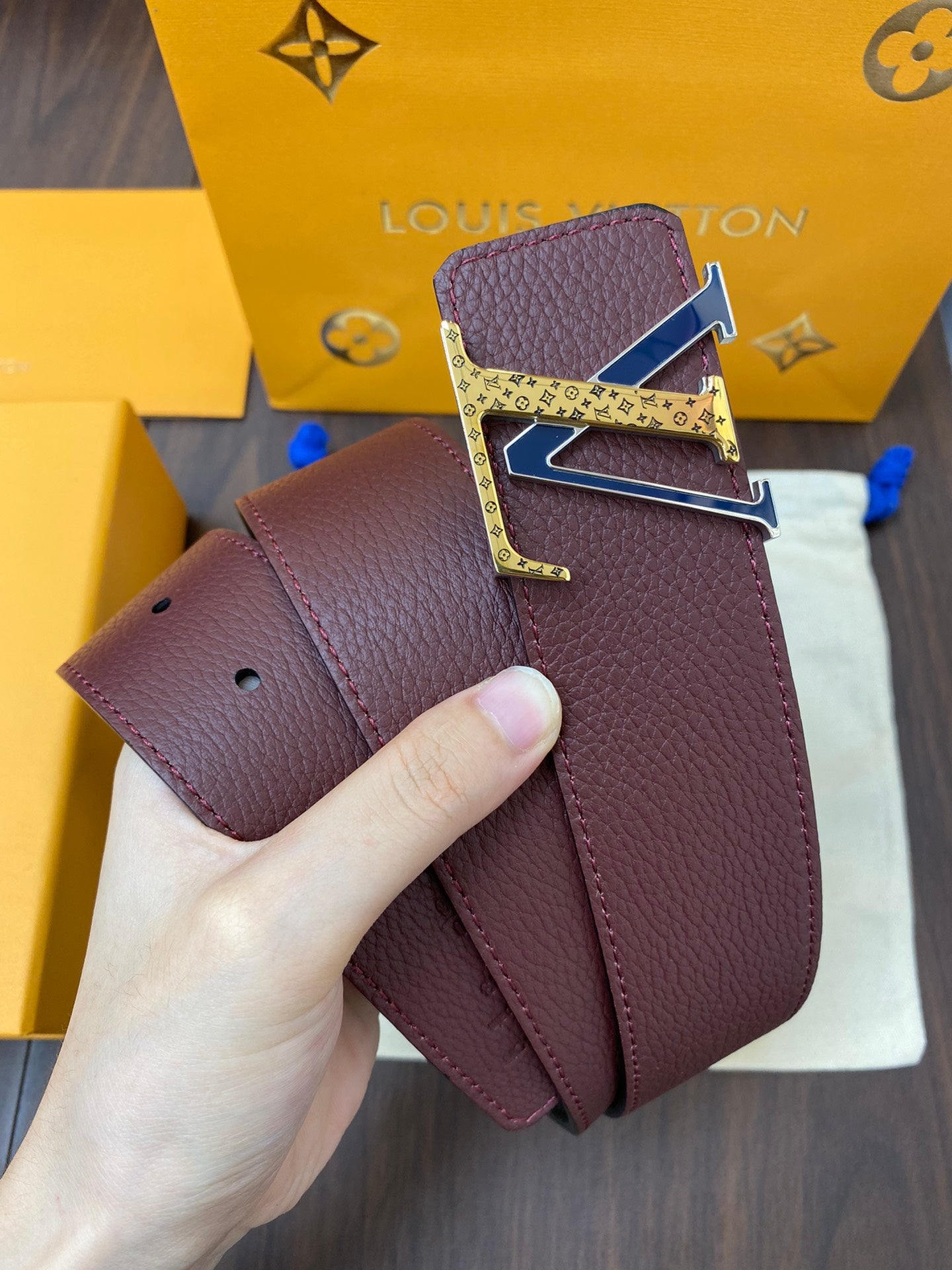 Louis Vuitton LV Initiales Reversible Belt Burgundy and Navy Taurillon Leather