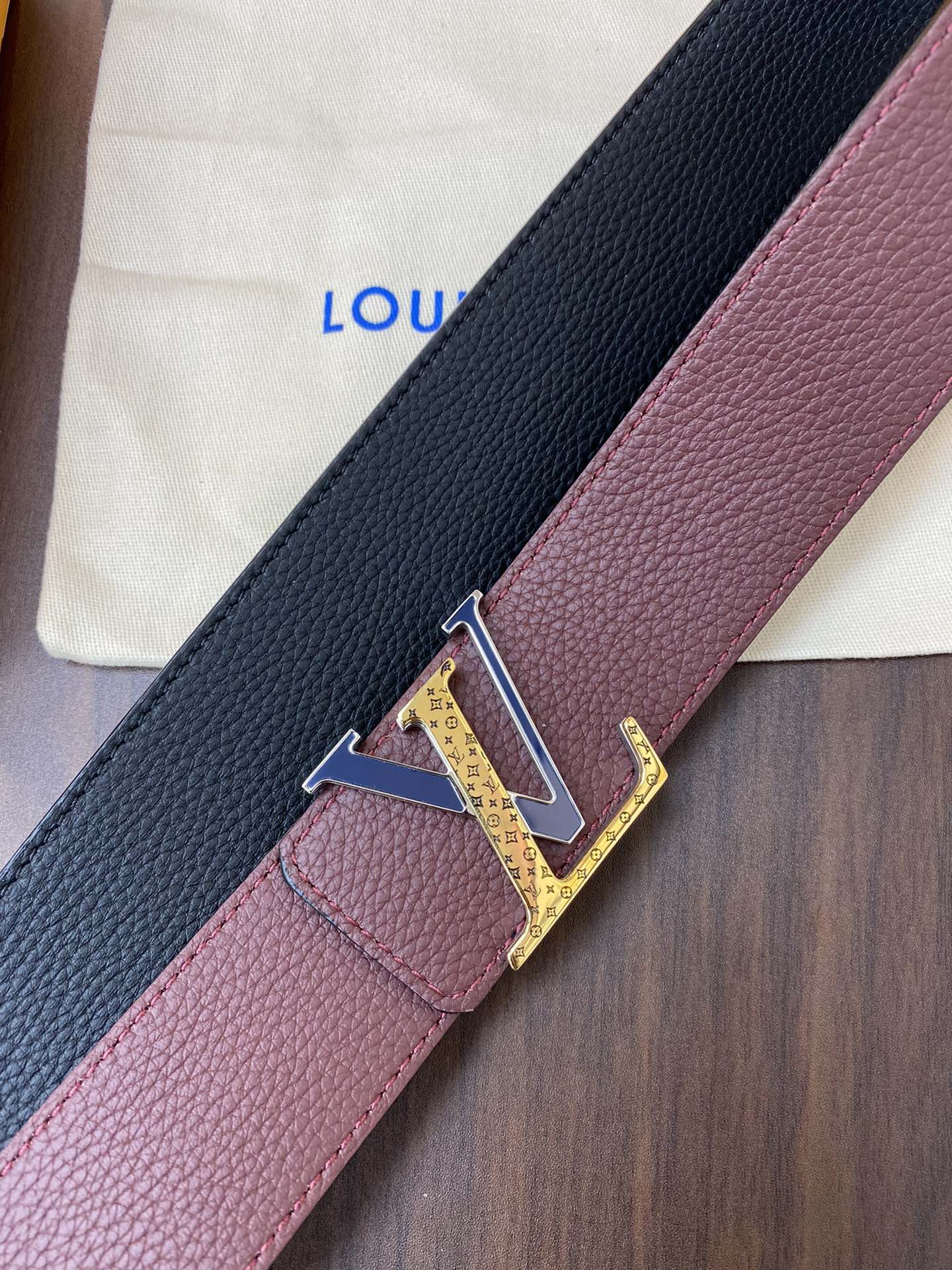 Louis Vuitton LV Initiales Reversible Belt Burgundy and Navy Taurillon Leather