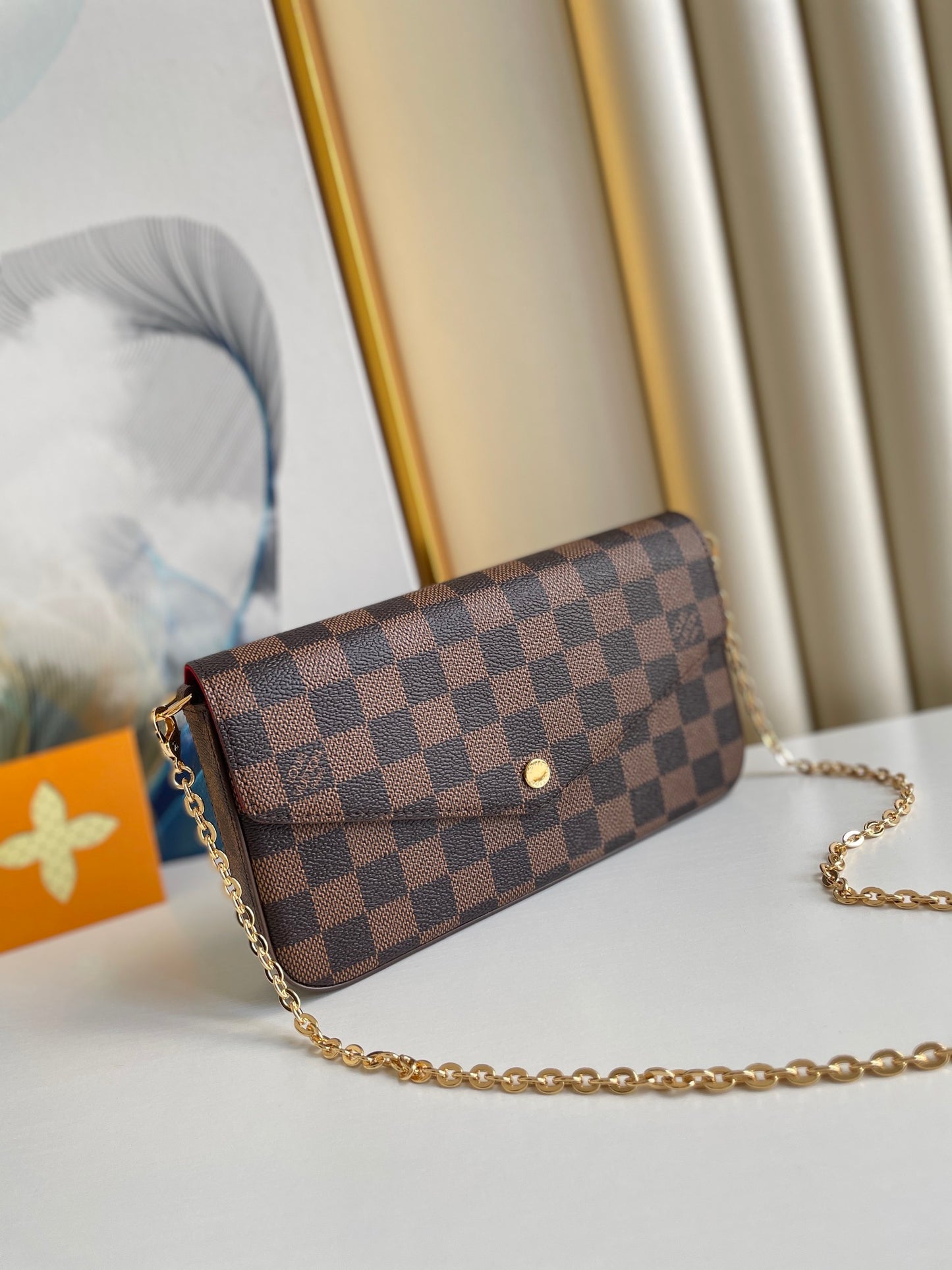 Elegant Brown Checkered Chain Crossbody Bag - Women's Mini Pochette Clutch