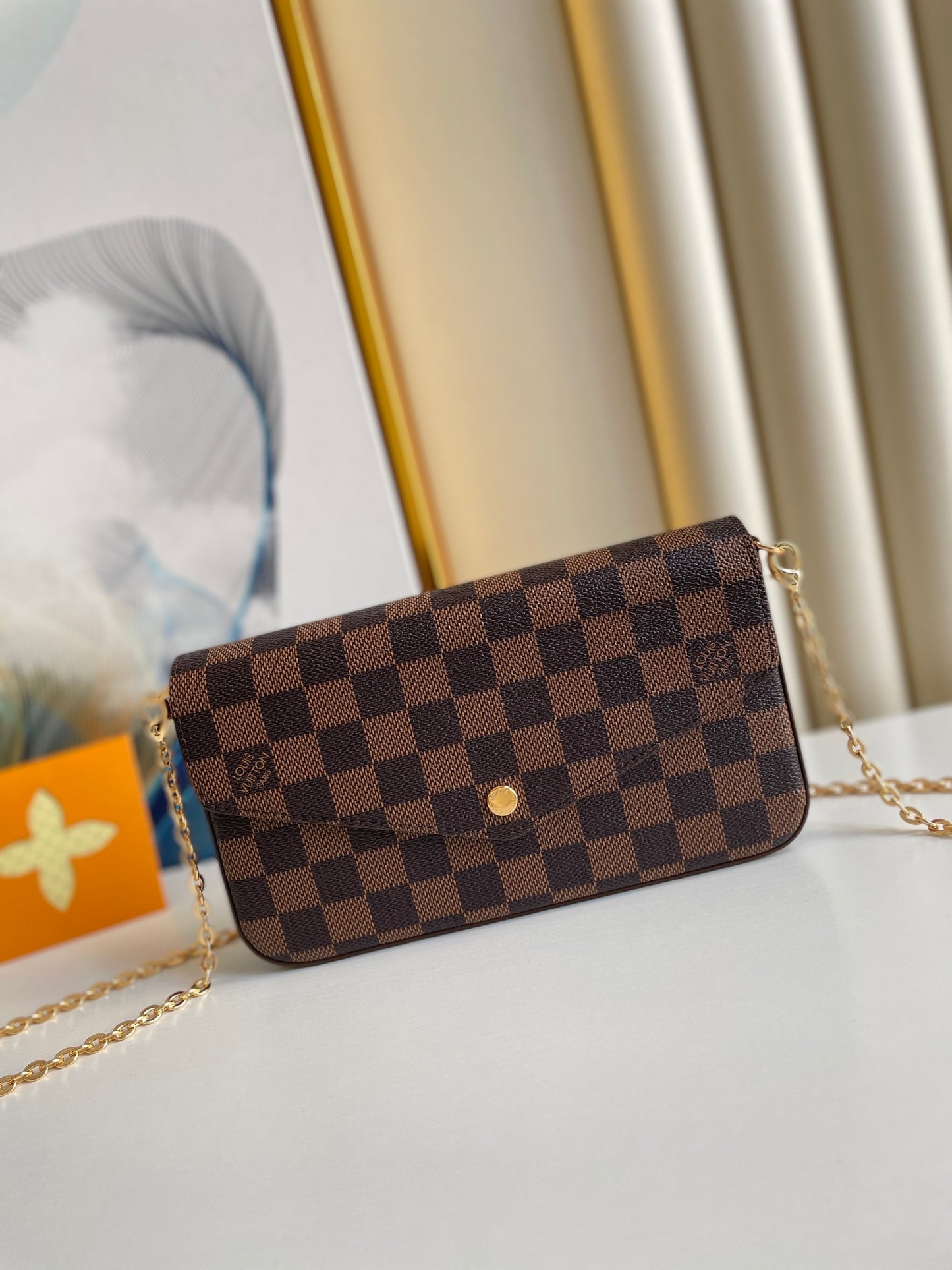 Elegant Brown Checkered Chain Crossbody Bag - Women's Mini Pochette Clutch