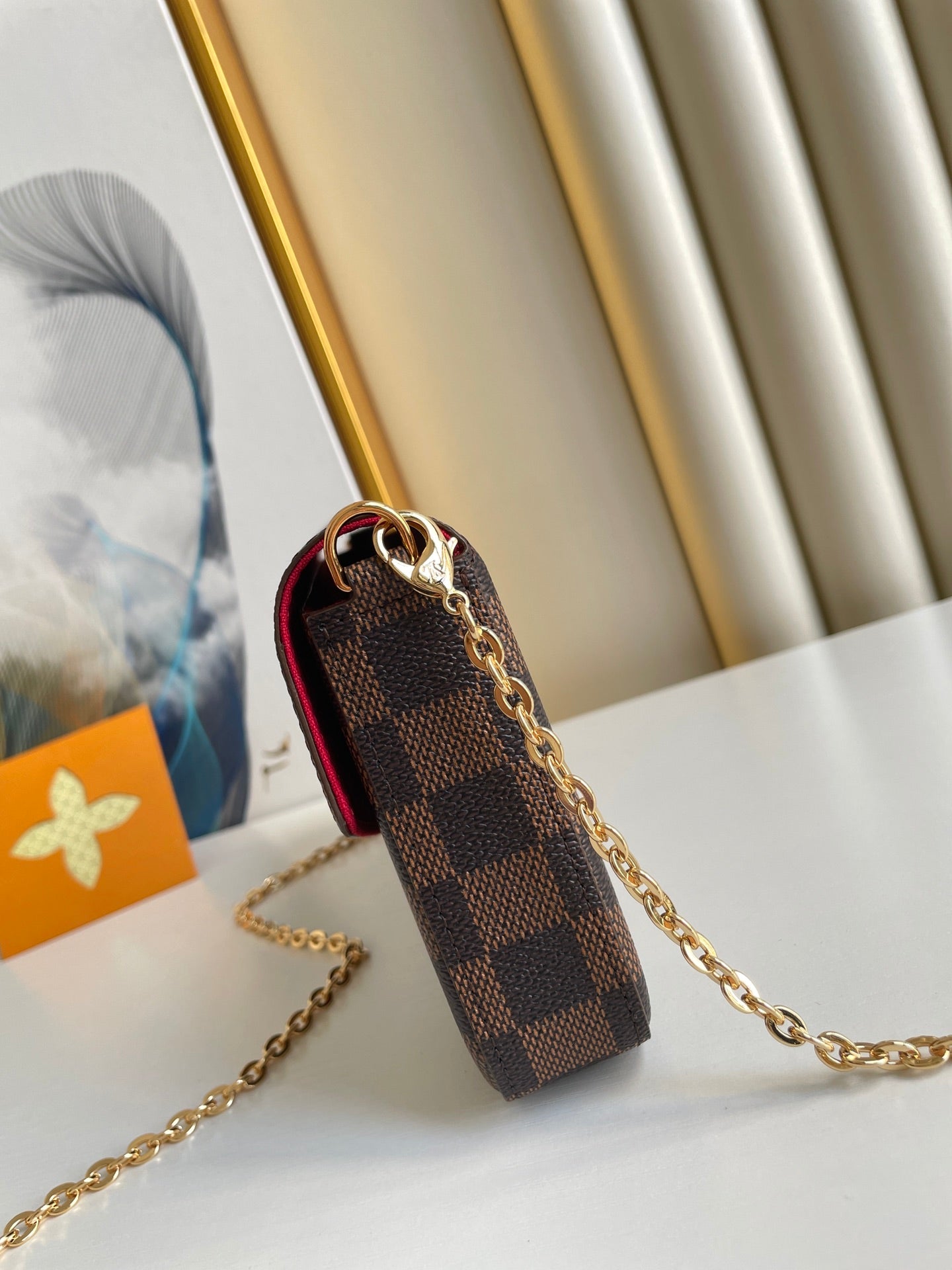 Elegant Brown Checkered Chain Crossbody Bag - Women's Mini Pochette Clutch
