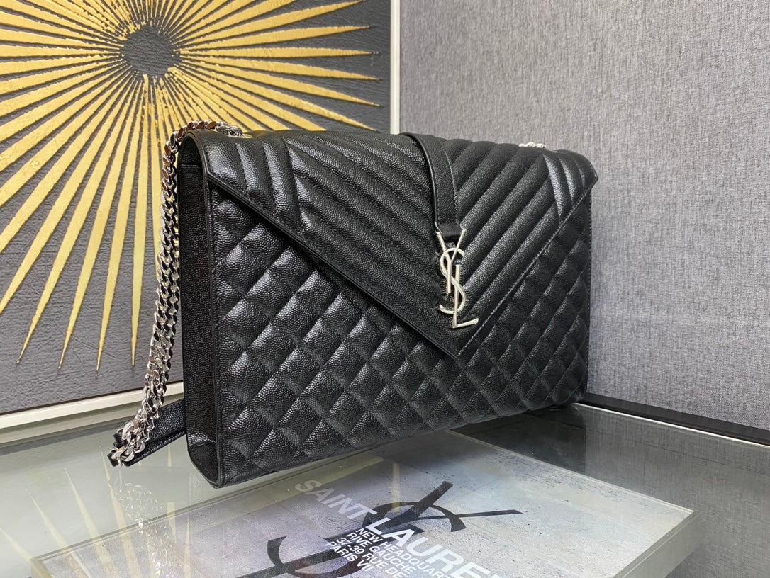 Saint Laurent Monogram Large Envelope Bag in Black Quilted Leather - Gold Hardware