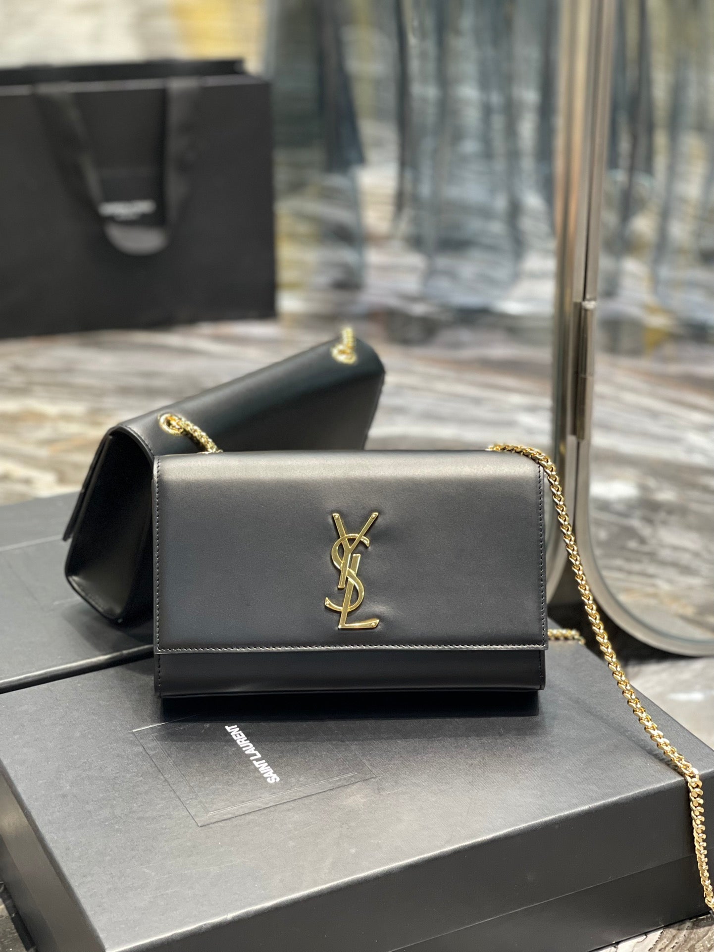 Saint Laurent Kate Small Chain Wallet in Black Leather with Gold-Tone Hardware