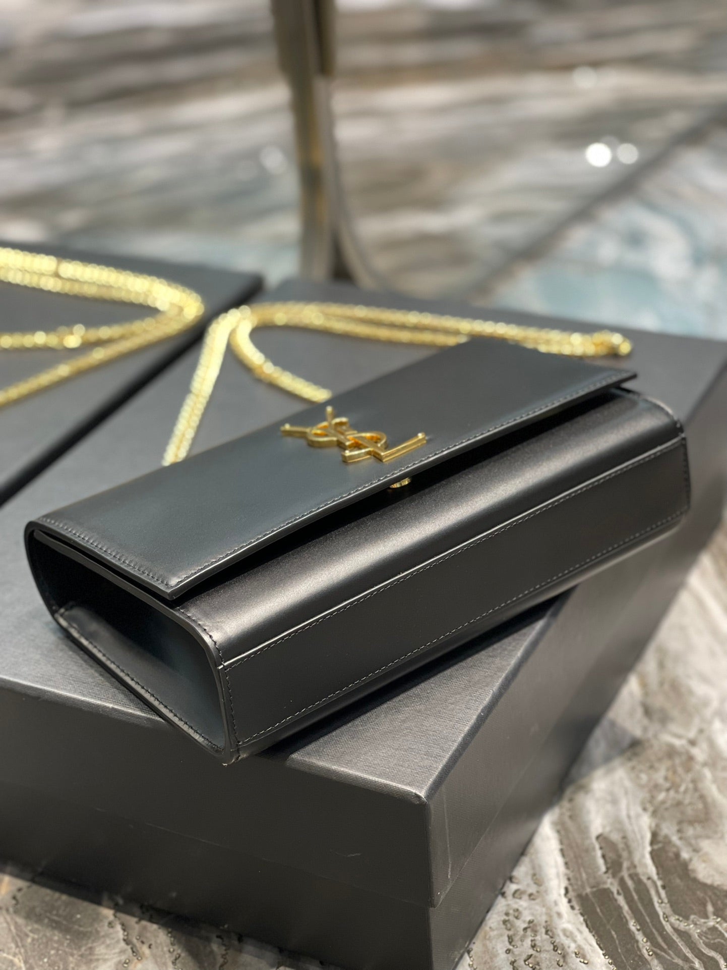 Saint Laurent Kate Small Chain Wallet in Black Leather with Gold-Tone Hardware