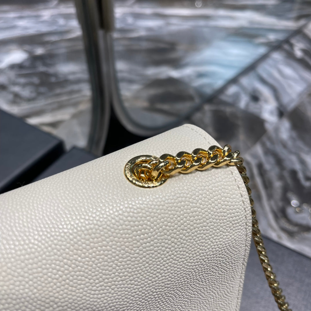 Saint Laurent Kate Small Chain Wallet in Grain de Poudre Embossed Leather - Blanc
