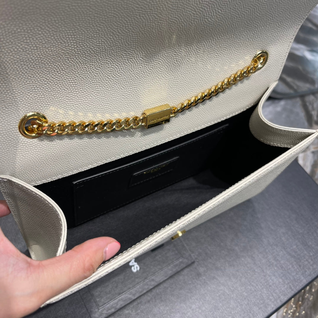 Saint Laurent Kate Small Chain Wallet in Grain de Poudre Embossed Leather - Blanc
