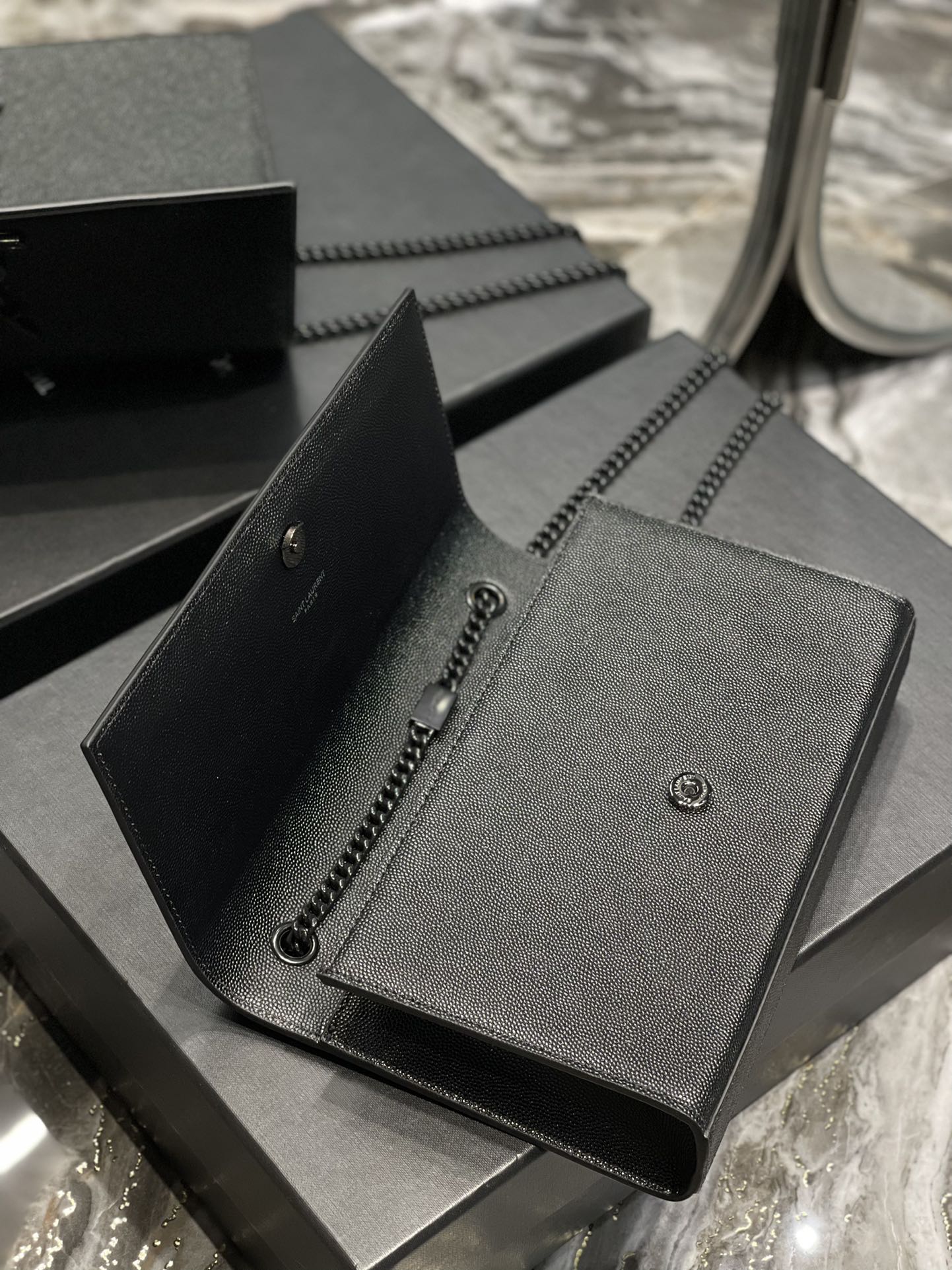 Saint Laurent Cassandre Chain Wallet in Black Grain de Poudre Leather with Tonal Logo
