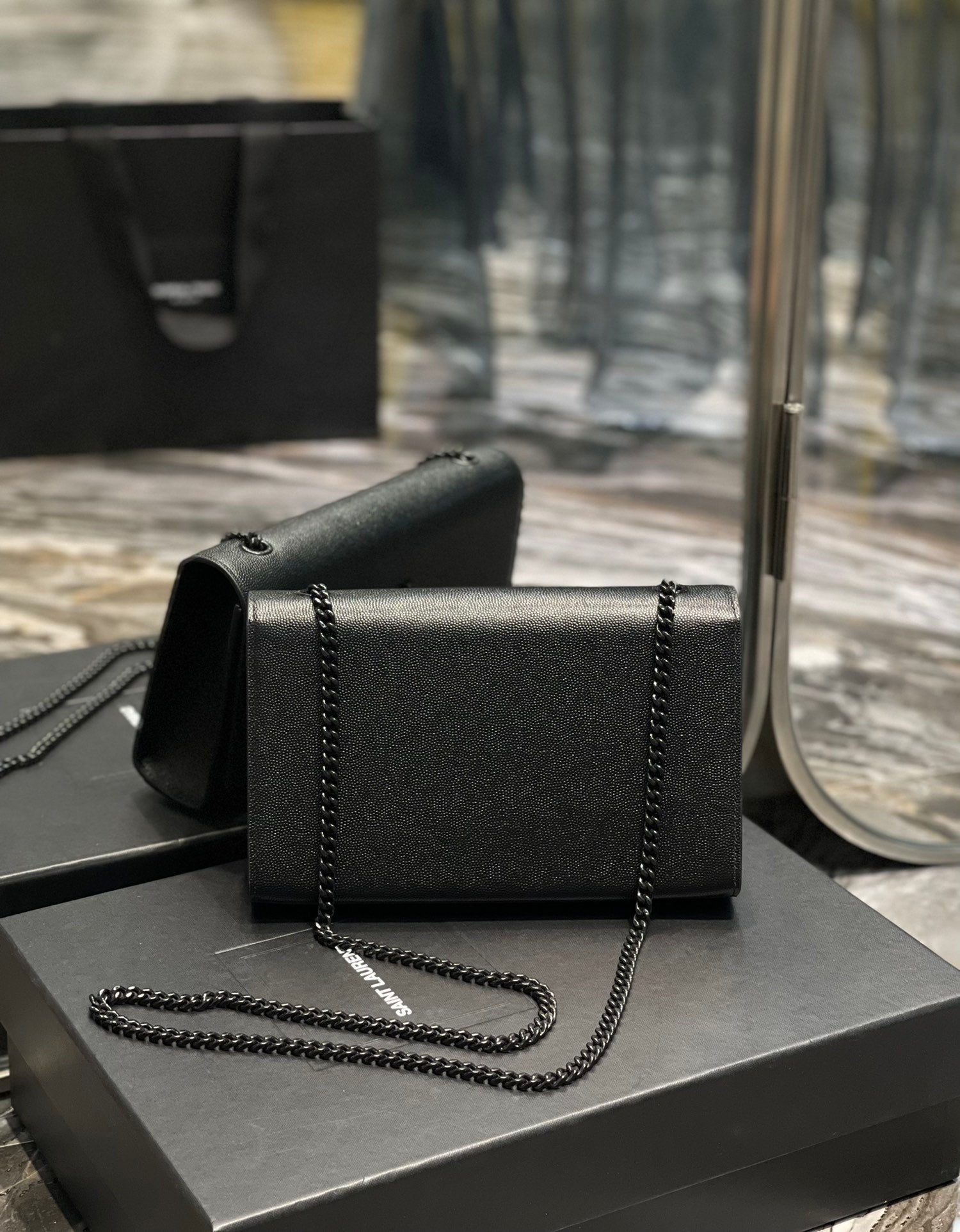 Saint Laurent Cassandre Chain Wallet in Black Grain de Poudre Leather with Tonal Logo