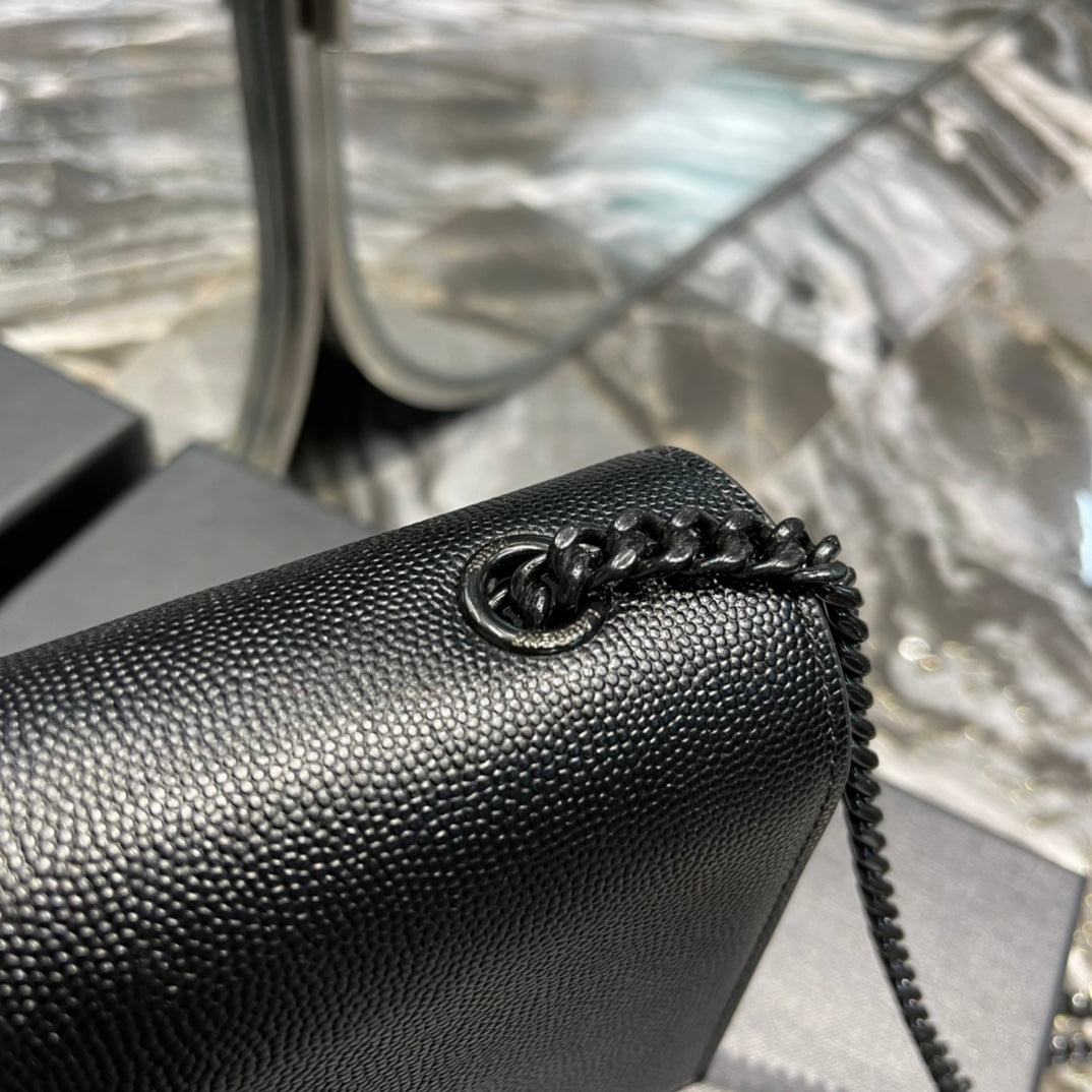 Saint Laurent Cassandre Chain Wallet in Black Grain de Poudre Leather with Tonal Logo