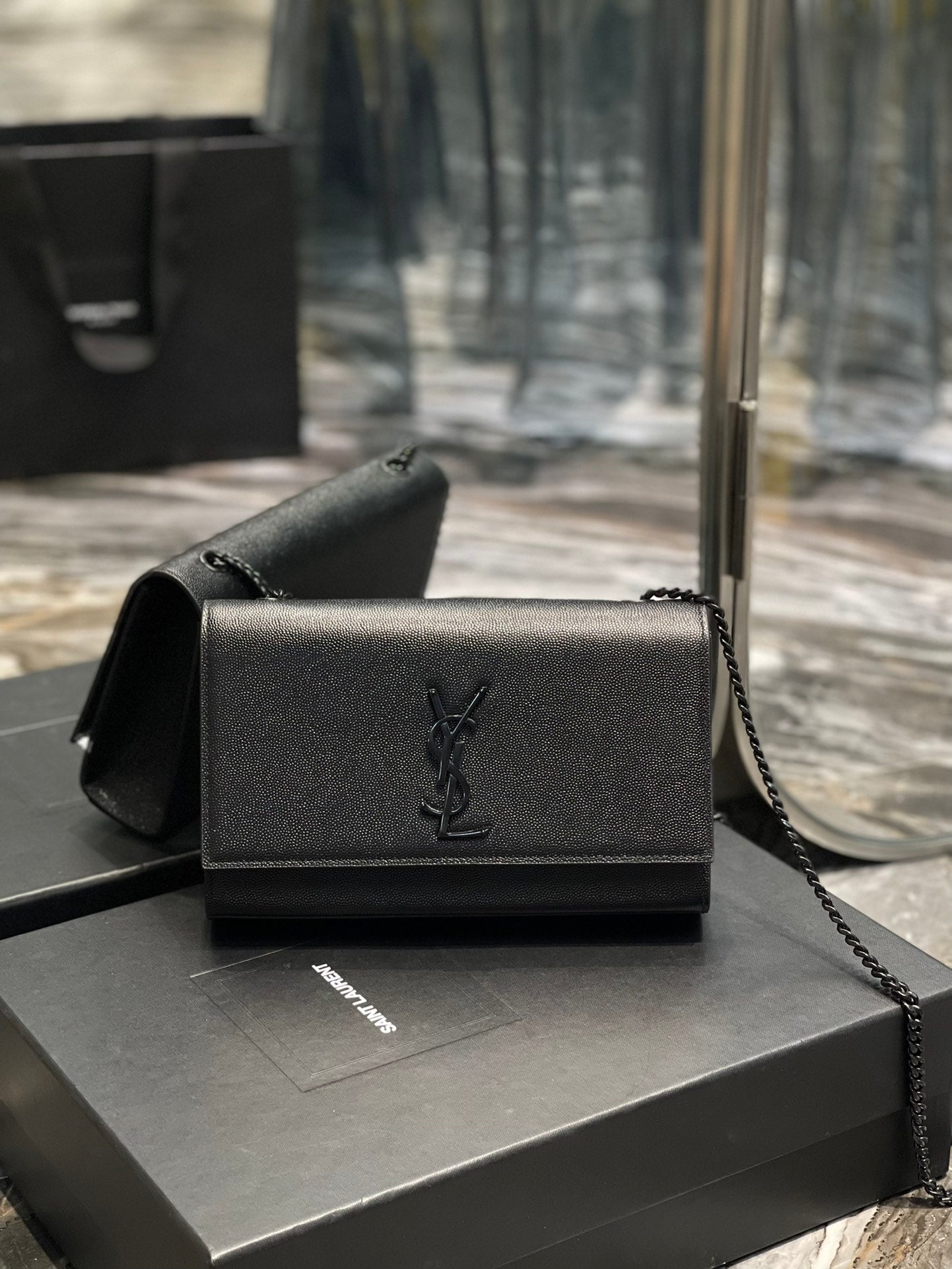 Saint Laurent Cassandre Chain Wallet in Black Grain de Poudre Leather with Tonal Logo