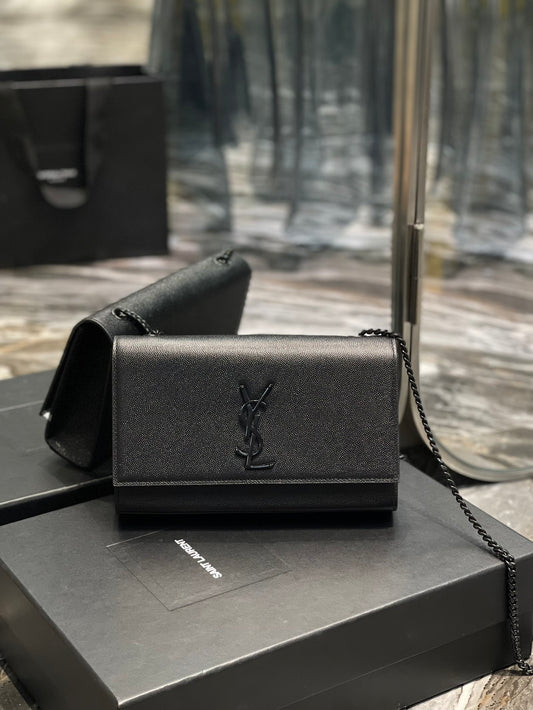 Saint Laurent Cassandre Chain Wallet in Black Grain de Poudre Leather with Tonal Logo
