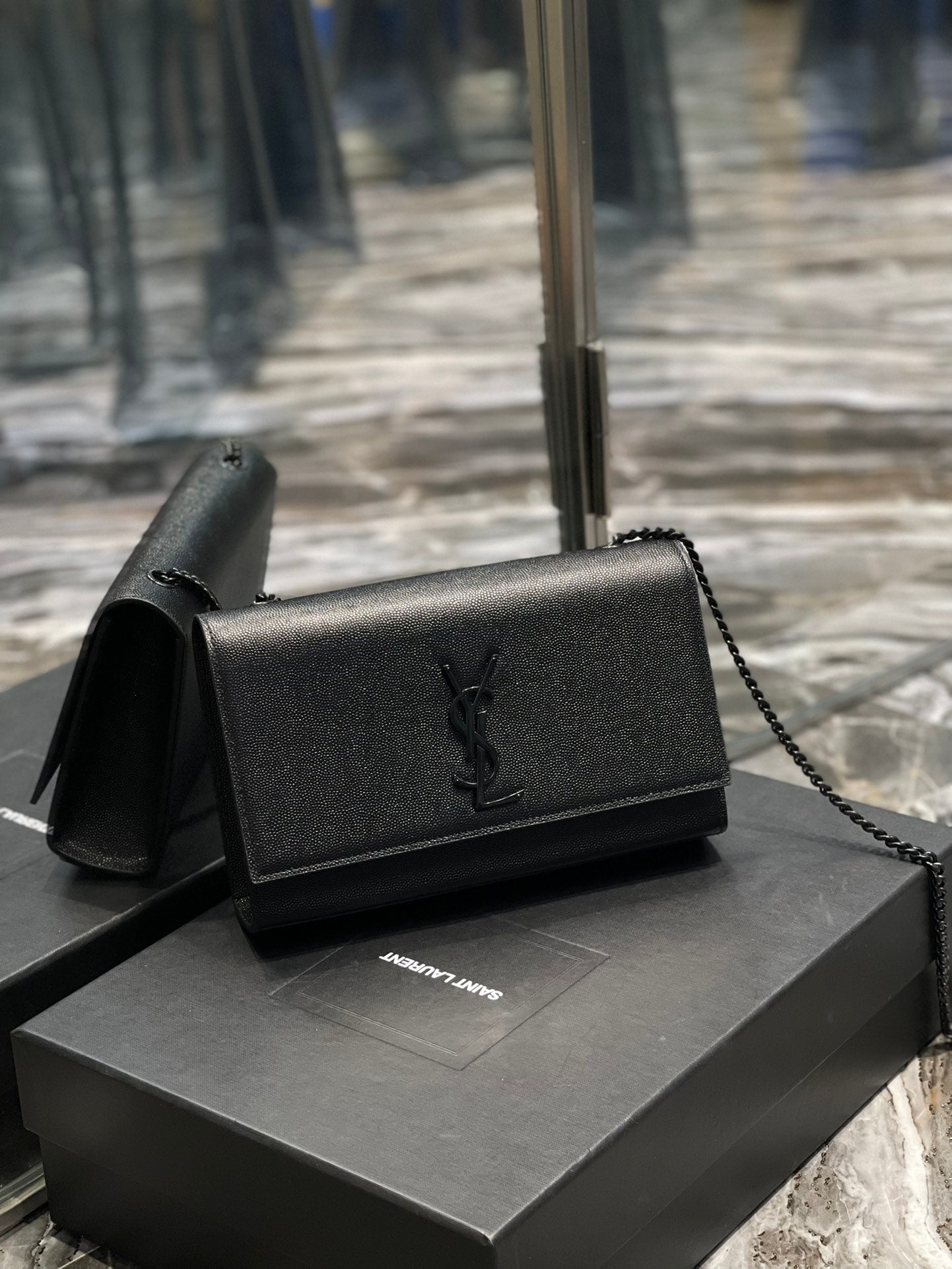 Saint Laurent Cassandre Chain Wallet in Black Grain de Poudre Leather with Tonal Logo