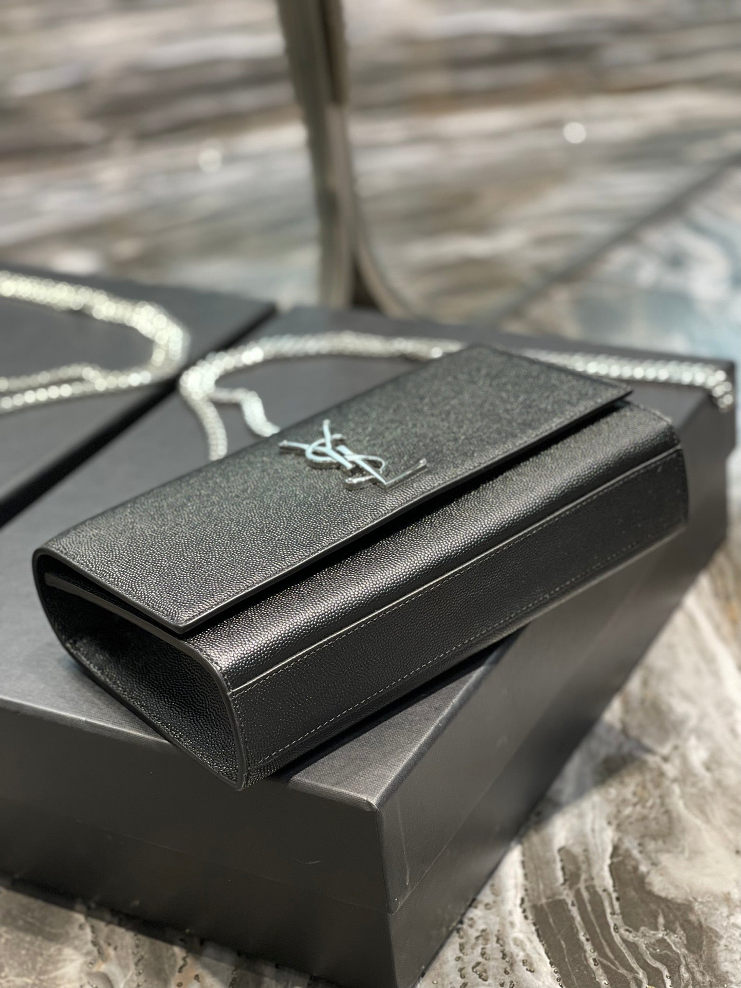 Saint Laurent Sunset Chain Wallet in Grain de Poudre Embossed Leather - Black