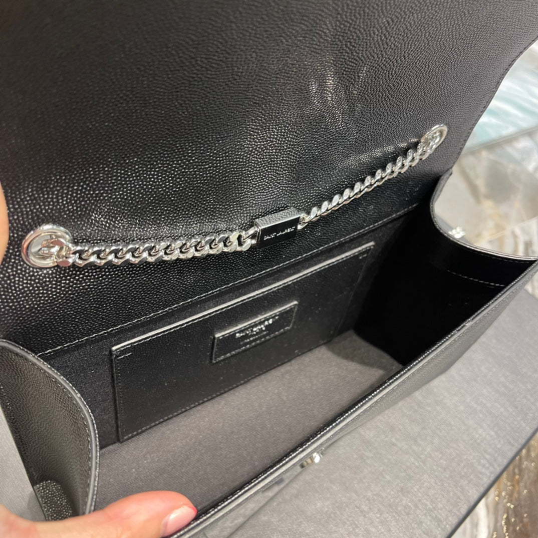 Saint Laurent Sunset Chain Wallet in Grain de Poudre Embossed Leather - Black