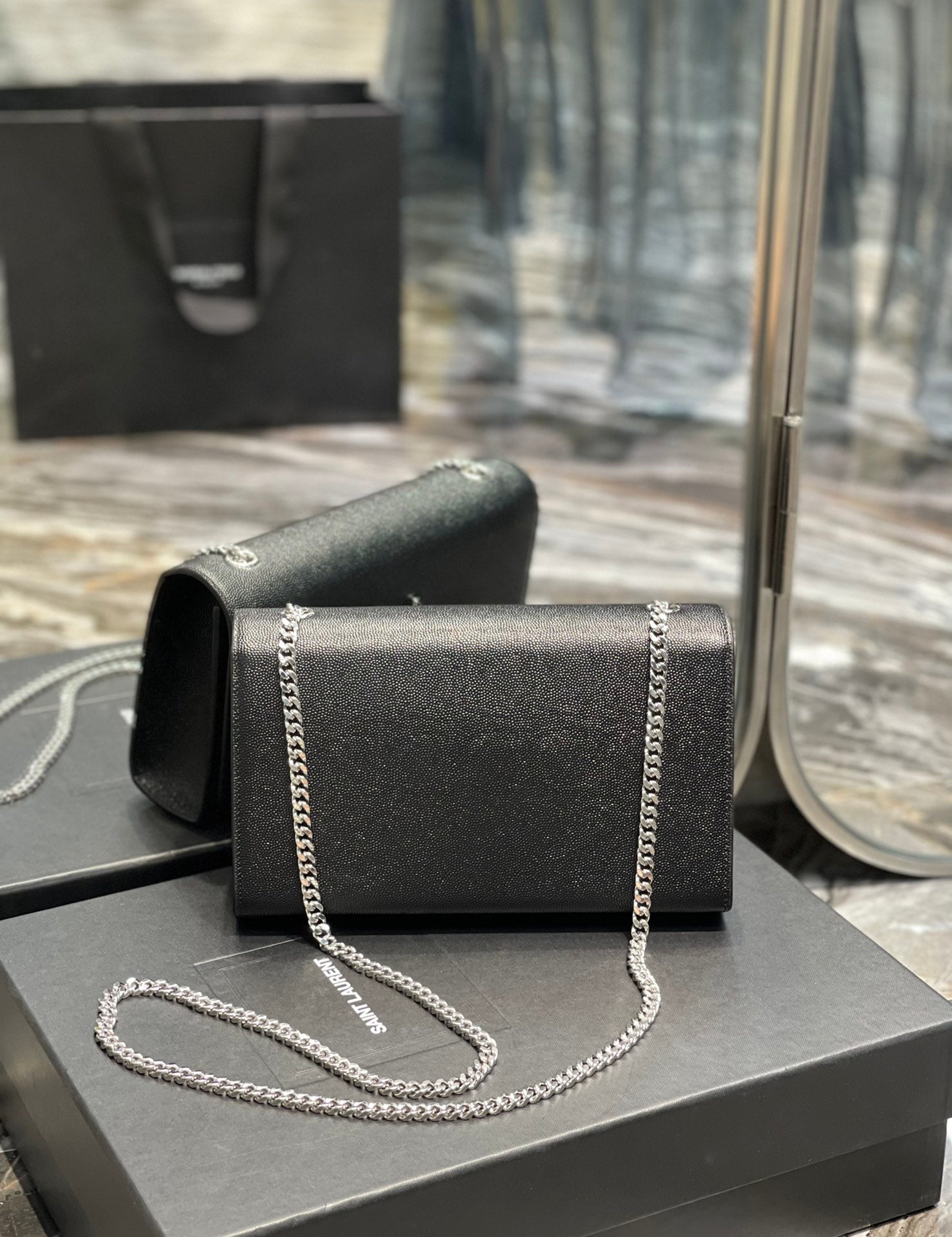 Saint Laurent Sunset Chain Wallet in Grain de Poudre Embossed Leather - Black